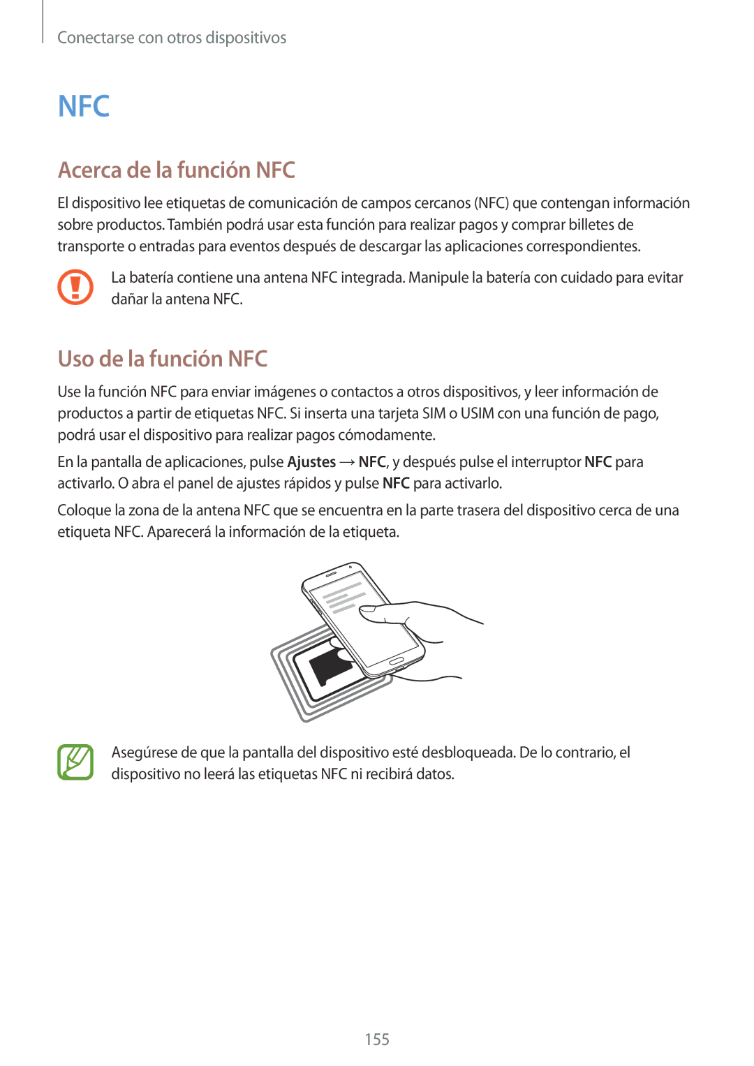 Samsung SM-G850FZDETPH, SM-G850FZWETPH, SM-G850FZKETPH, SM-G850FHSETPH manual Acerca de la función NFC, Uso de la función NFC 