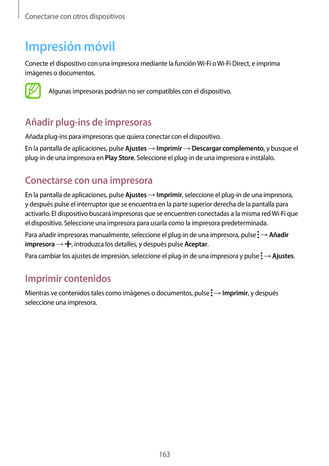 Samsung SM-G850FZBEXEC Impresión móvil, Añadir plug-ins de impresoras, Conectarse con una impresora, Imprimir contenidos 