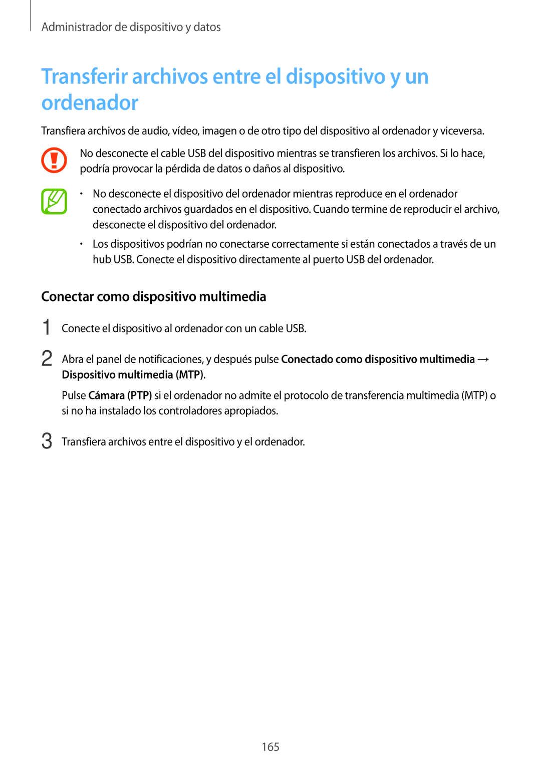 Samsung SM-G850FZKEATL manual Transferir archivos entre el dispositivo y un ordenador, Conectar como dispositivo multimedia 