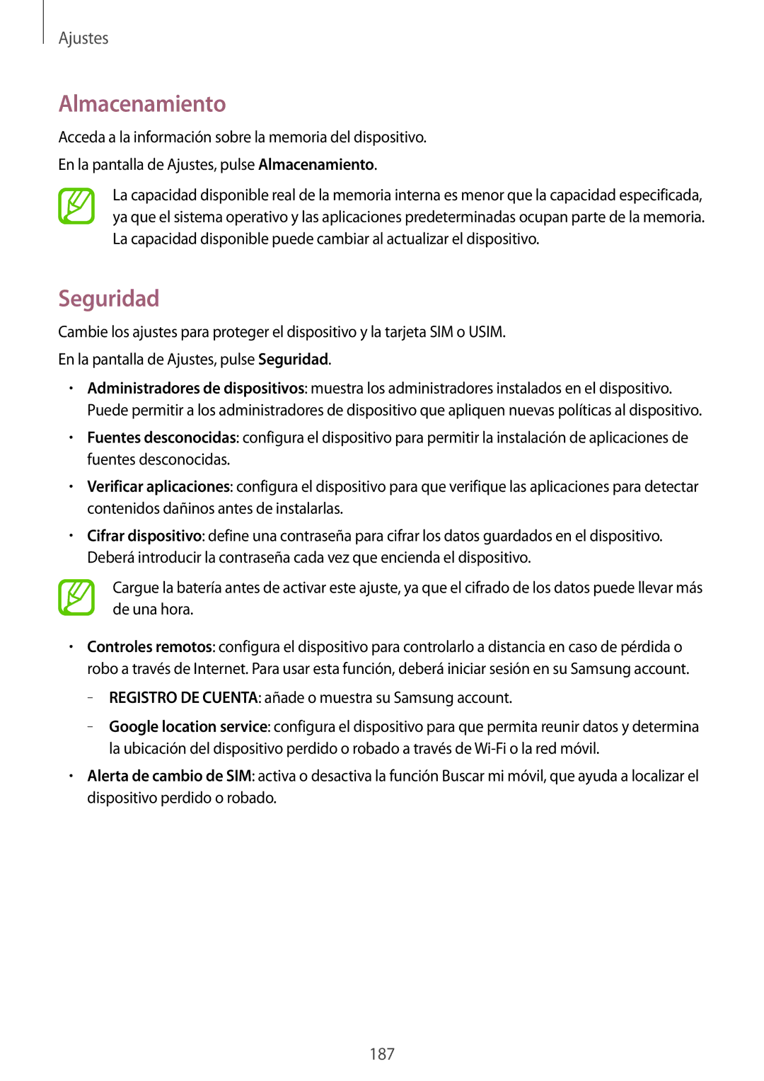 Samsung SM-G850FZKEATL, SM-G850FZWETPH, SM-G850FZDETPH, SM-G850FZKETPH, SM-G850FHSETPH manual Almacenamiento, Seguridad 