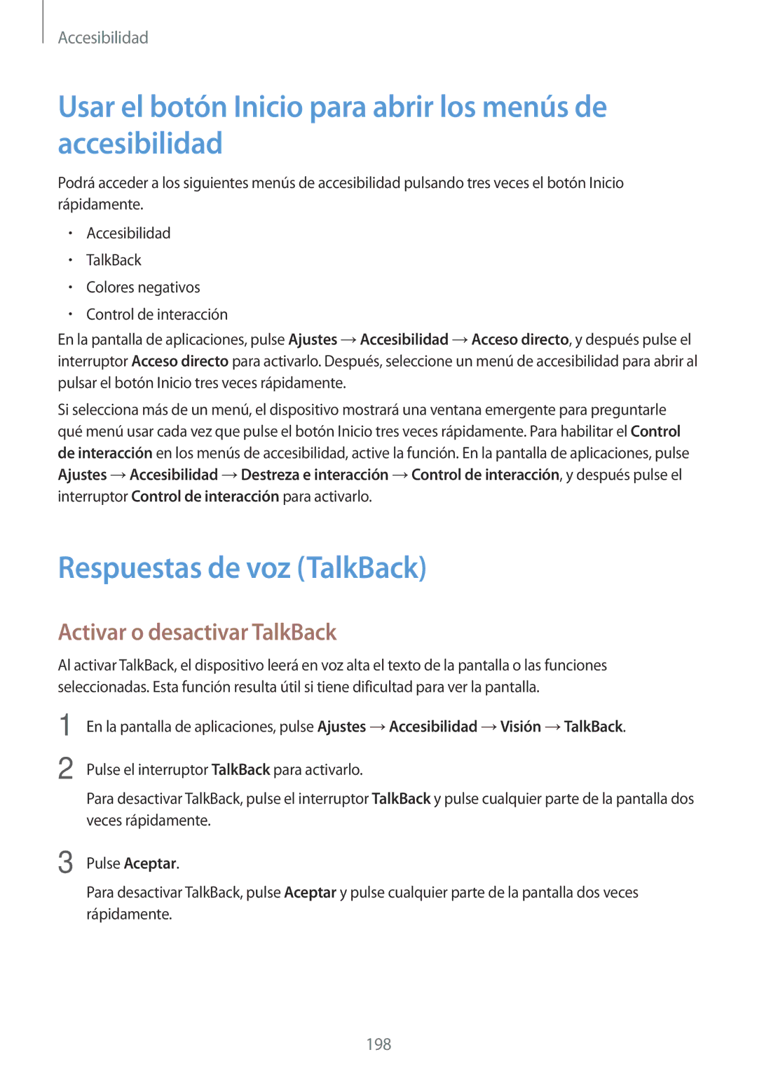 Samsung SM-G850FZWETPH manual Usar el botón Inicio para abrir los menús de accesibilidad, Respuestas de voz TalkBack 