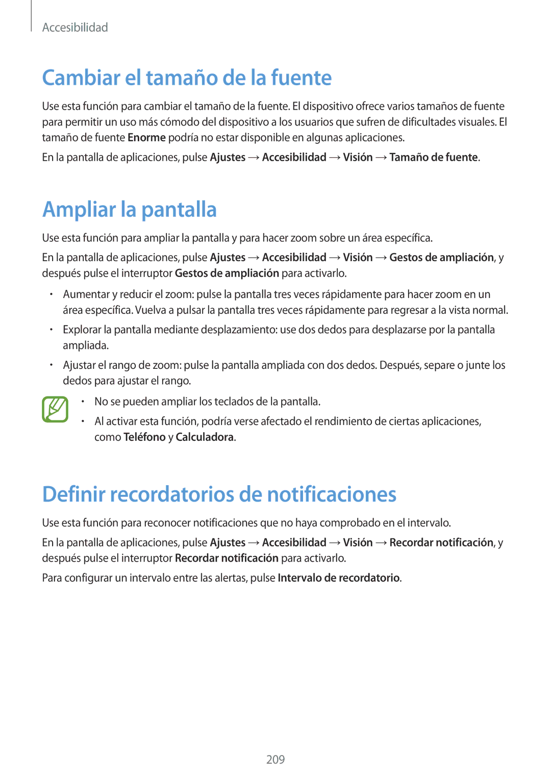 Samsung SM-G850FZKEATL manual Cambiar el tamaño de la fuente, Ampliar la pantalla, Definir recordatorios de notificaciones 