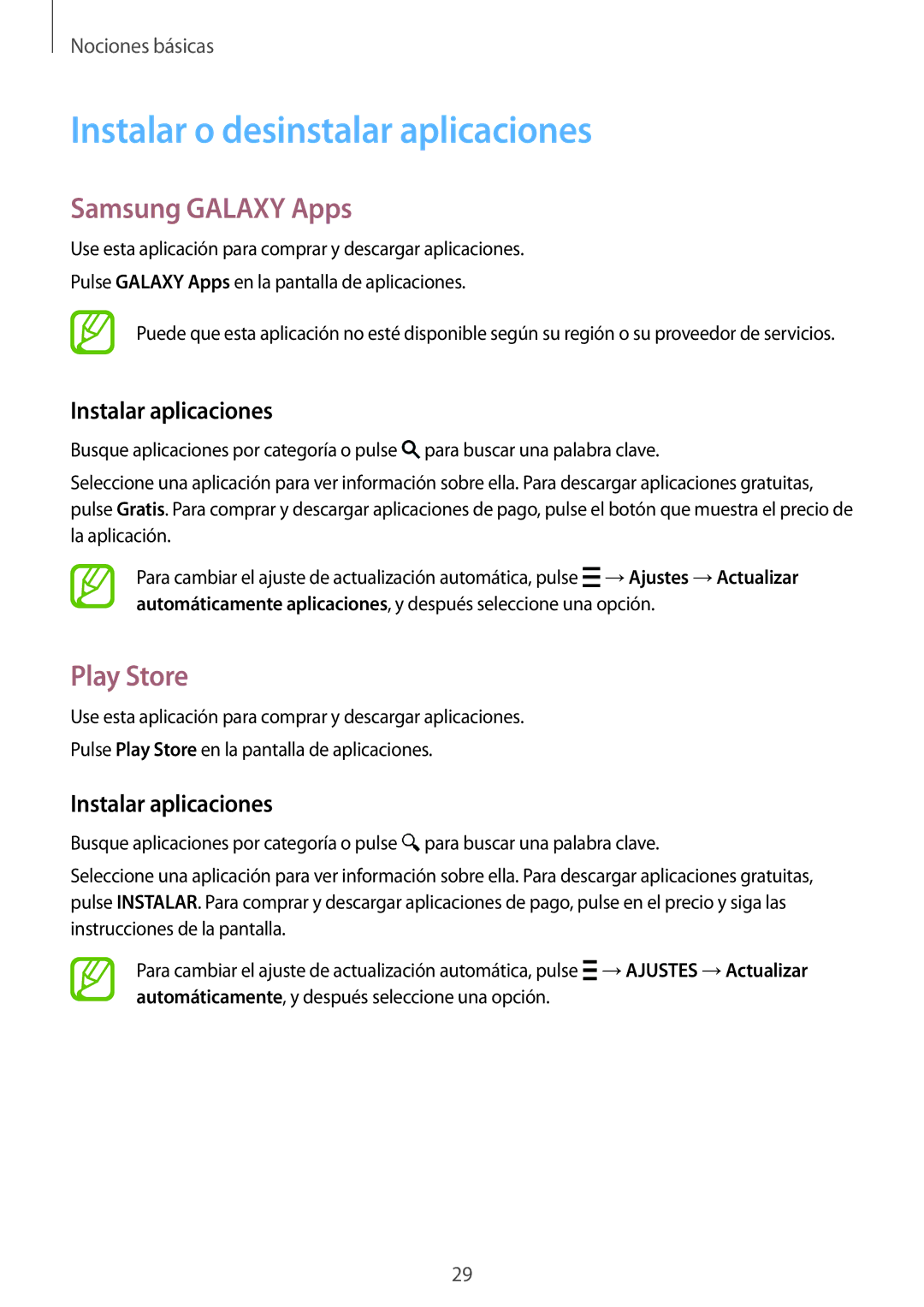 Samsung SM-G850FZWEXEO manual Instalar o desinstalar aplicaciones, Samsung Galaxy Apps, Play Store, Instalar aplicaciones 