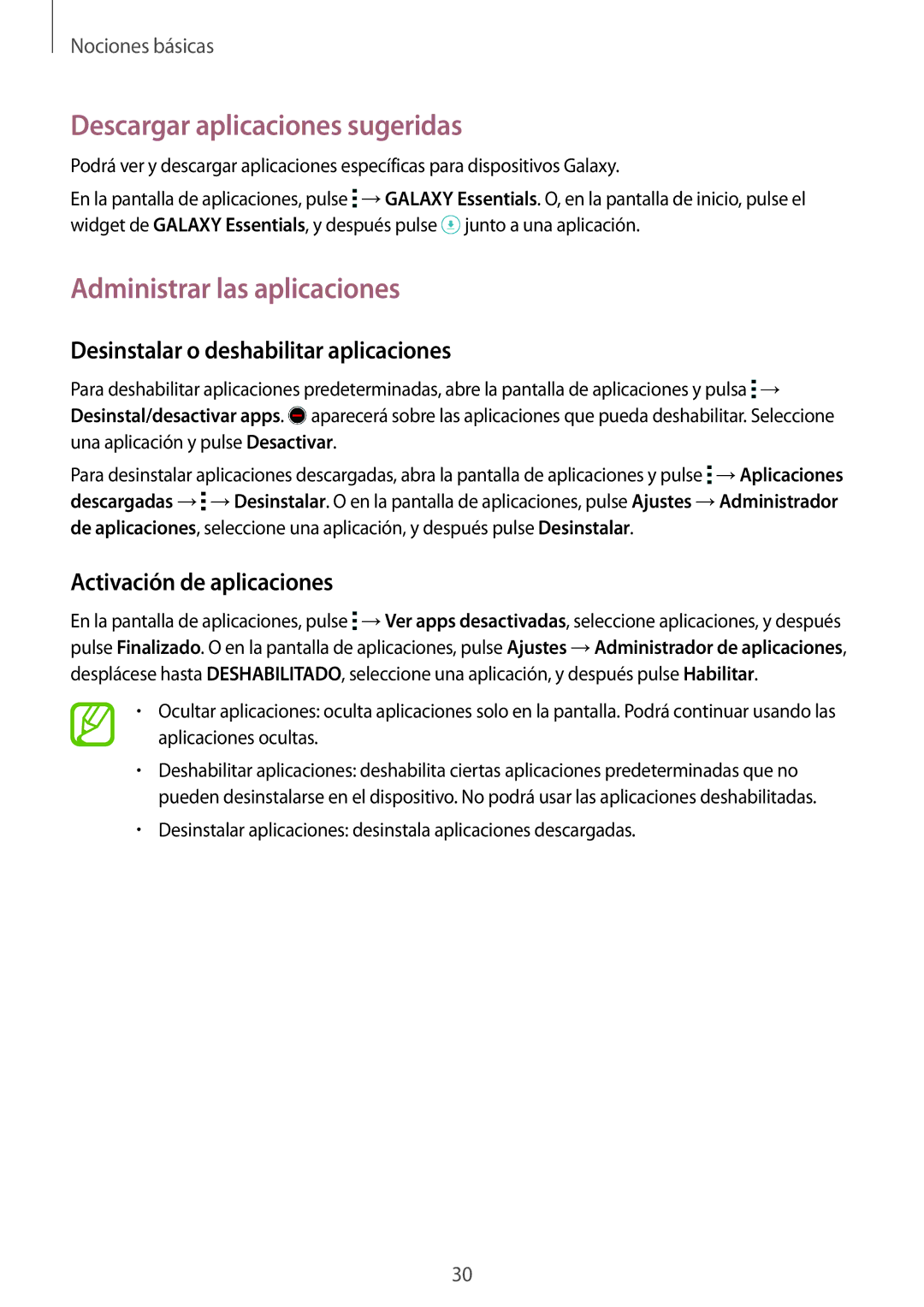 Samsung SM-G850FZDEXEC manual Descargar aplicaciones sugeridas, Administrar las aplicaciones, Activación de aplicaciones 