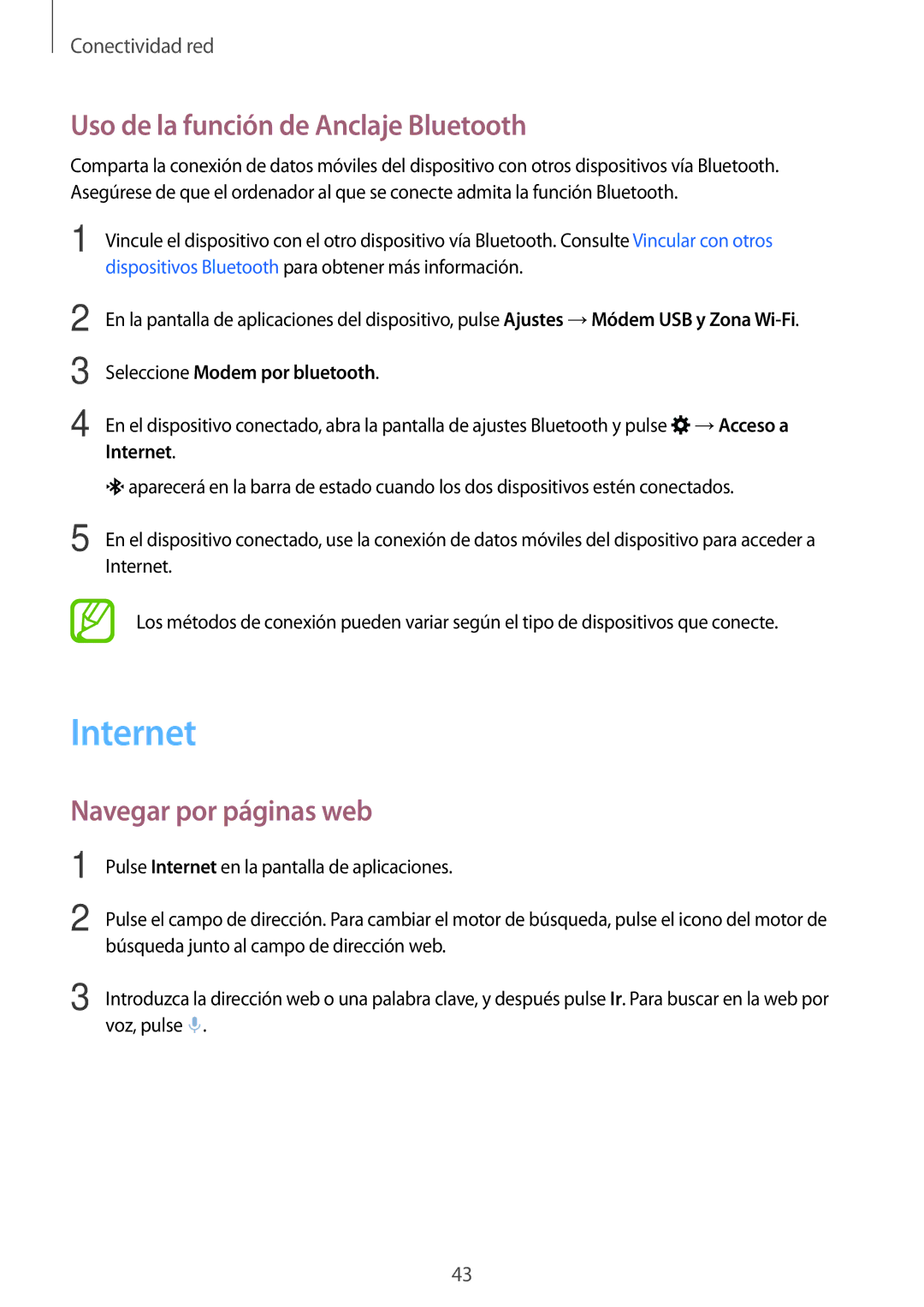 Samsung SM-G850FHSEAMO, SM-G850FZWETPH manual Internet, Uso de la función de Anclaje Bluetooth, Navegar por páginas web 