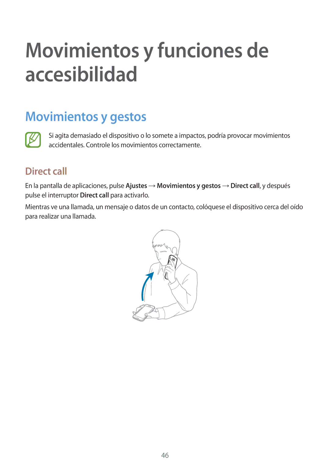 Samsung SM-G850FZKETPH, SM-G850FZWETPH, SM-G850FZDETPH, SM-G850FHSETPH, SM-G850FZDEXEH manual Movimientos y gestos, Direct call 