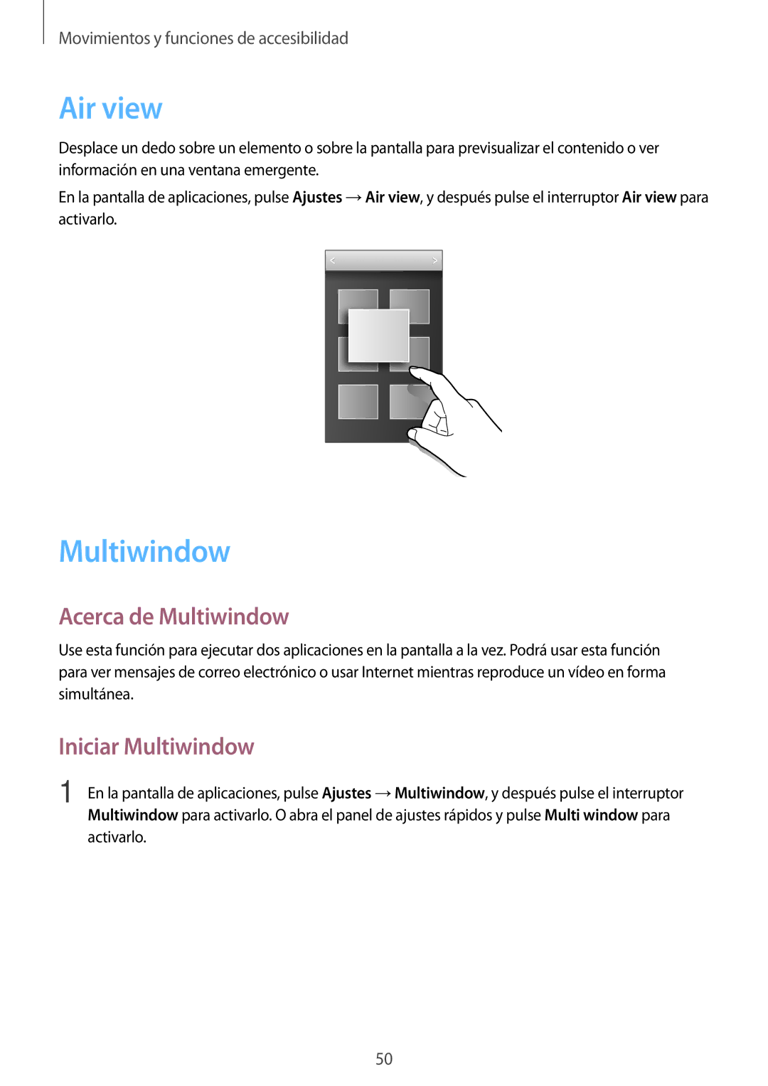 Samsung SM-G850FZKEXEH, SM-G850FZWETPH, SM-G850FZDETPH manual Air view, Acerca de Multiwindow, Iniciar Multiwindow 