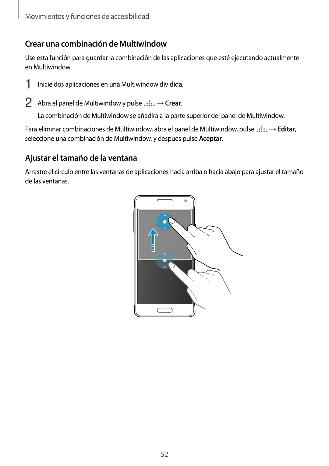 Samsung SM-G850FZDEXEC, SM-G850FZWETPH manual Crear una combinación de Multiwindow, Ajustar el tamaño de la ventana 