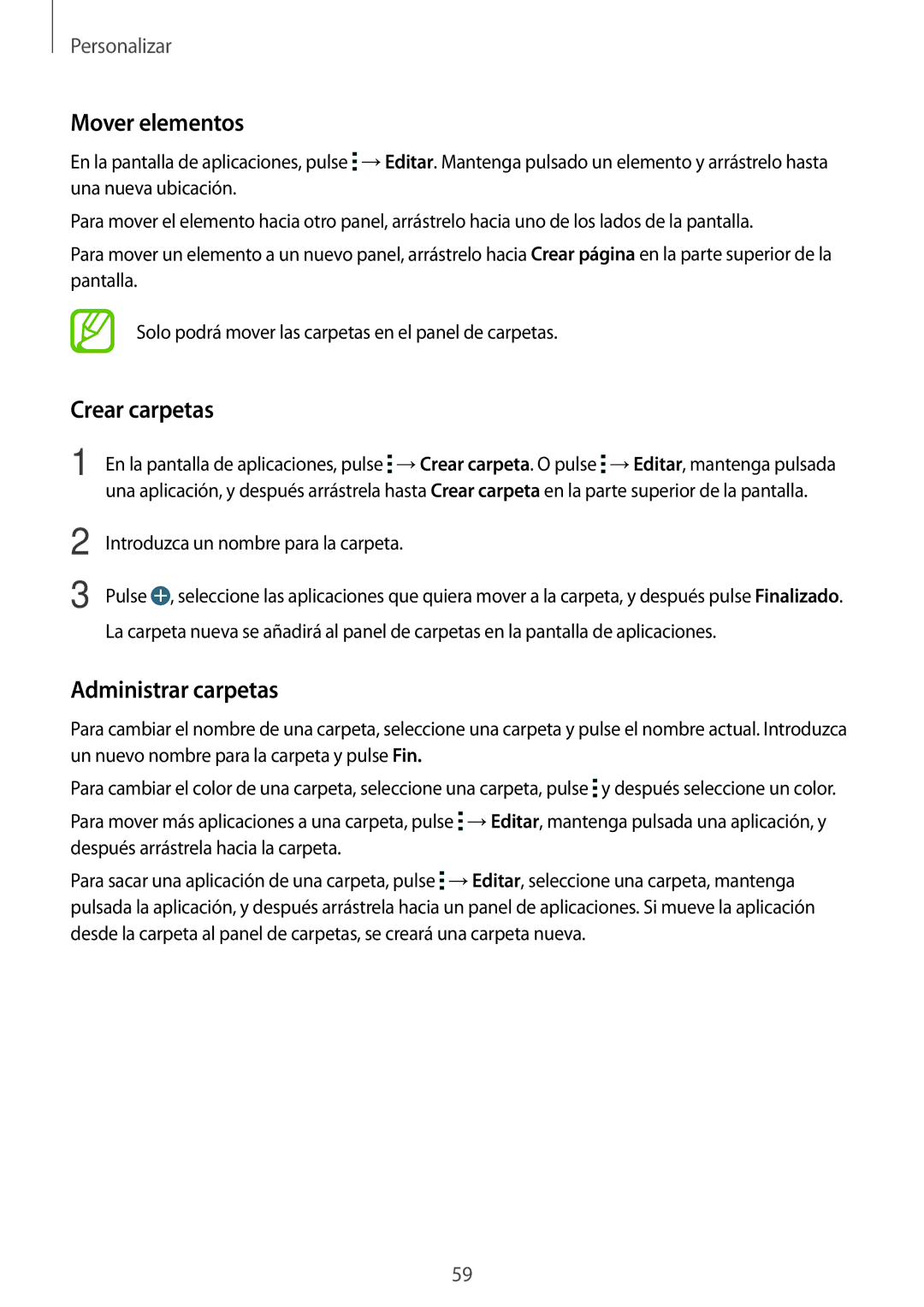 Samsung SM-G850FHSEROM, SM-G850FZWETPH, SM-G850FZDETPH, SM-G850FZKETPH, SM-G850FHSETPH manual Mover elementos, Crear carpetas 
