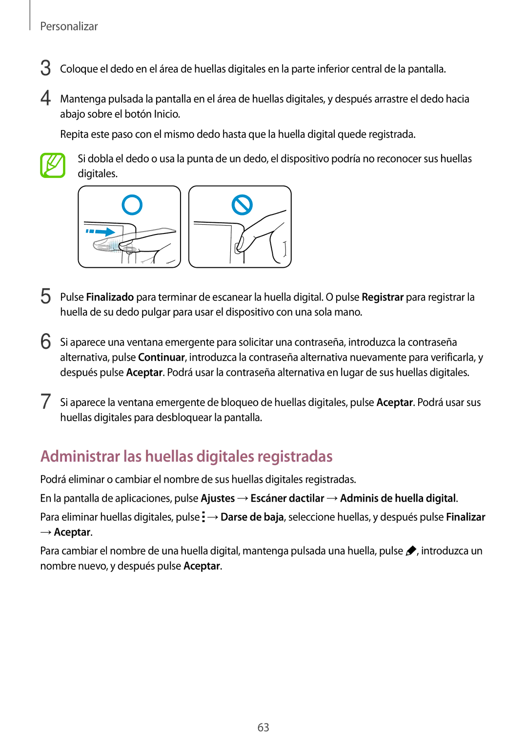 Samsung SM-G850FZDEATL, SM-G850FZWETPH, SM-G850FZDETPH manual Administrar las huellas digitales registradas, → Aceptar 