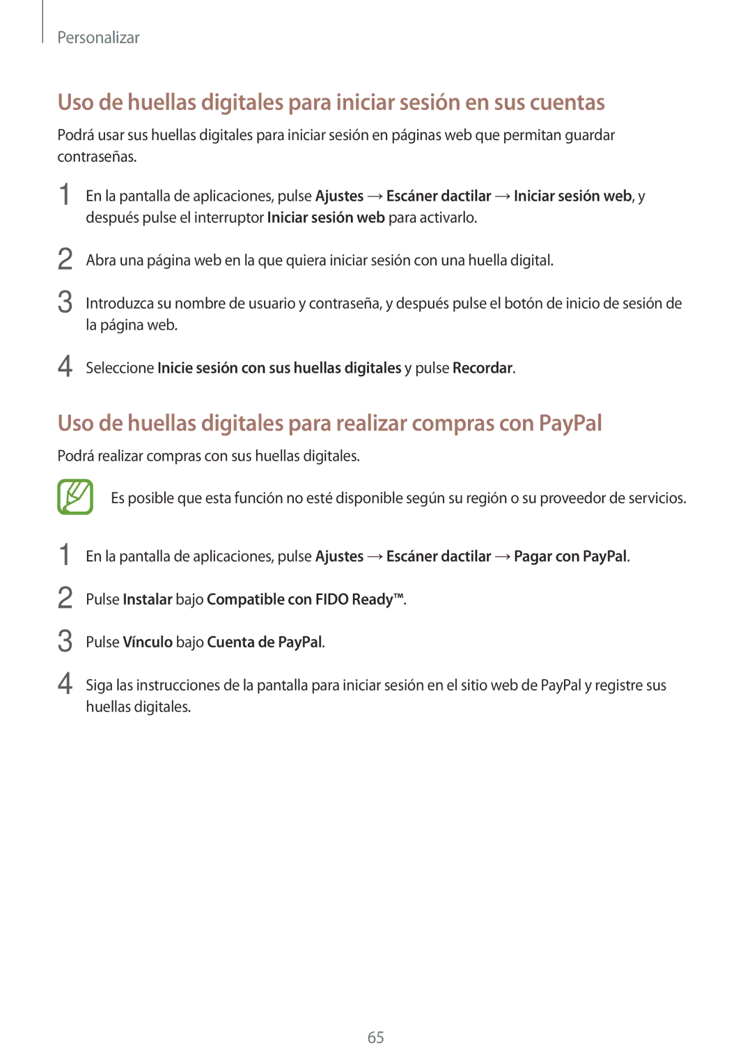 Samsung SM-G850FHSEAMO Uso de huellas digitales para iniciar sesión en sus cuentas, Pulse Vínculo bajo Cuenta de PayPal 