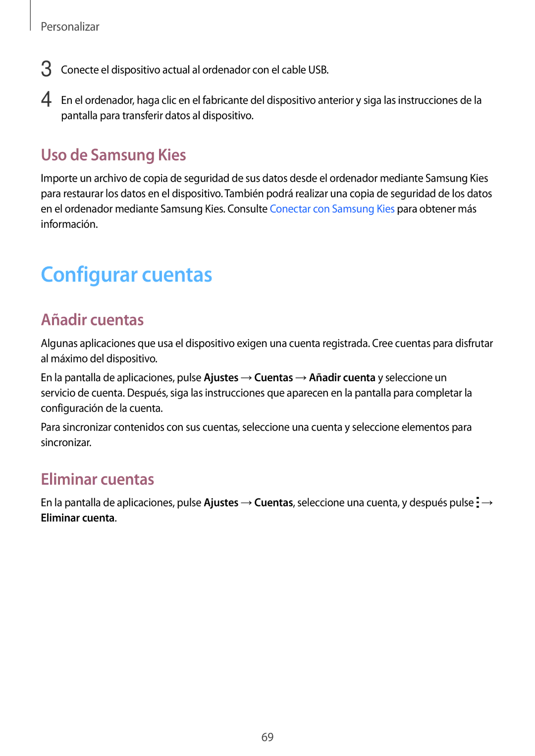 Samsung SM-G850FHSETPH, SM-G850FZWETPH manual Configurar cuentas, Uso de Samsung Kies, Añadir cuentas, Eliminar cuentas 