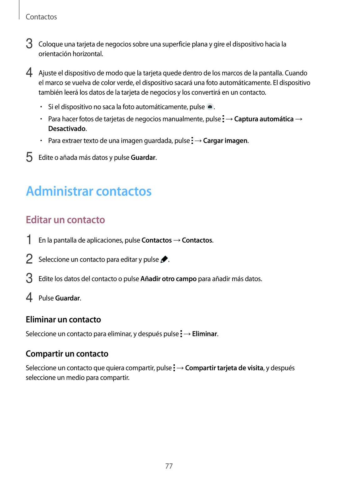 Samsung SM-G850FZKEATL manual Administrar contactos, Editar un contacto, Eliminar un contacto, Compartir un contacto 