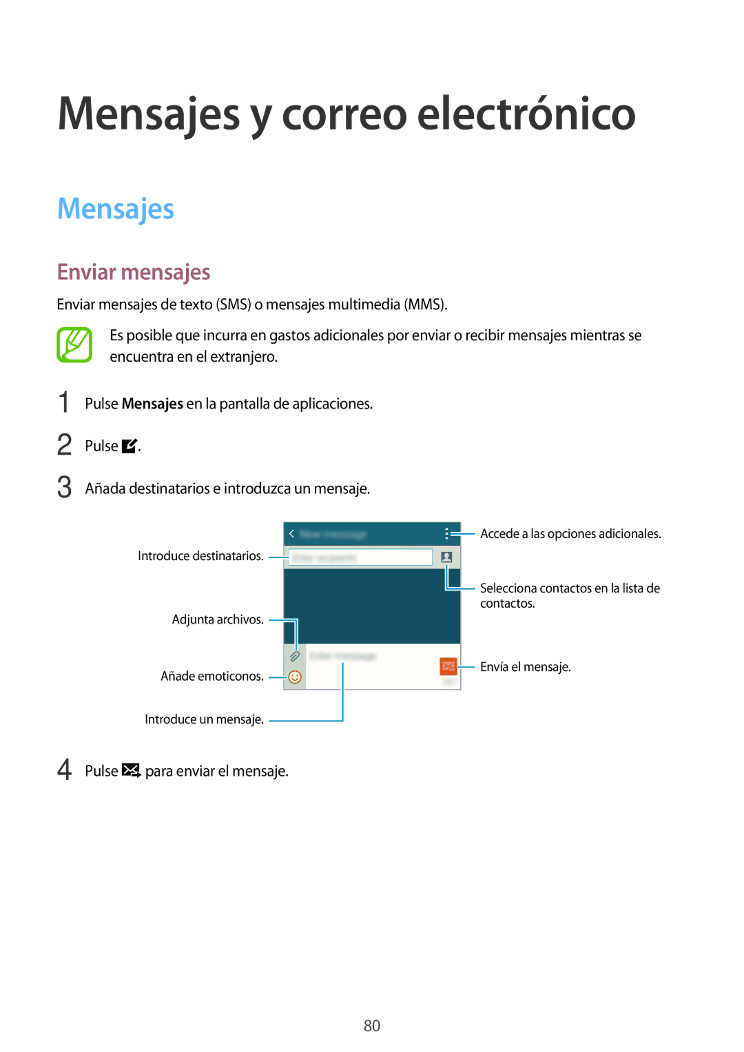 Samsung SM-G850FHSEXEC, SM-G850FZWETPH, SM-G850FZDETPH, SM-G850FZKETPH, SM-G850FHSETPH manual Mensajes, Enviar mensajes 