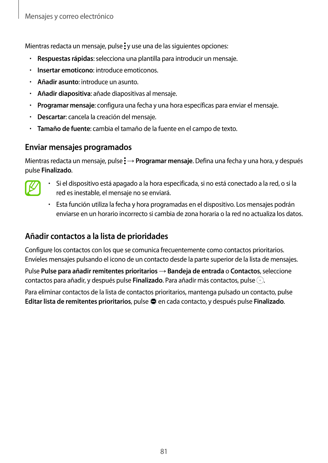 Samsung SM-G850FHSEROM, SM-G850FZWETPH manual Enviar mensajes programados, Añadir contactos a la lista de prioridades 