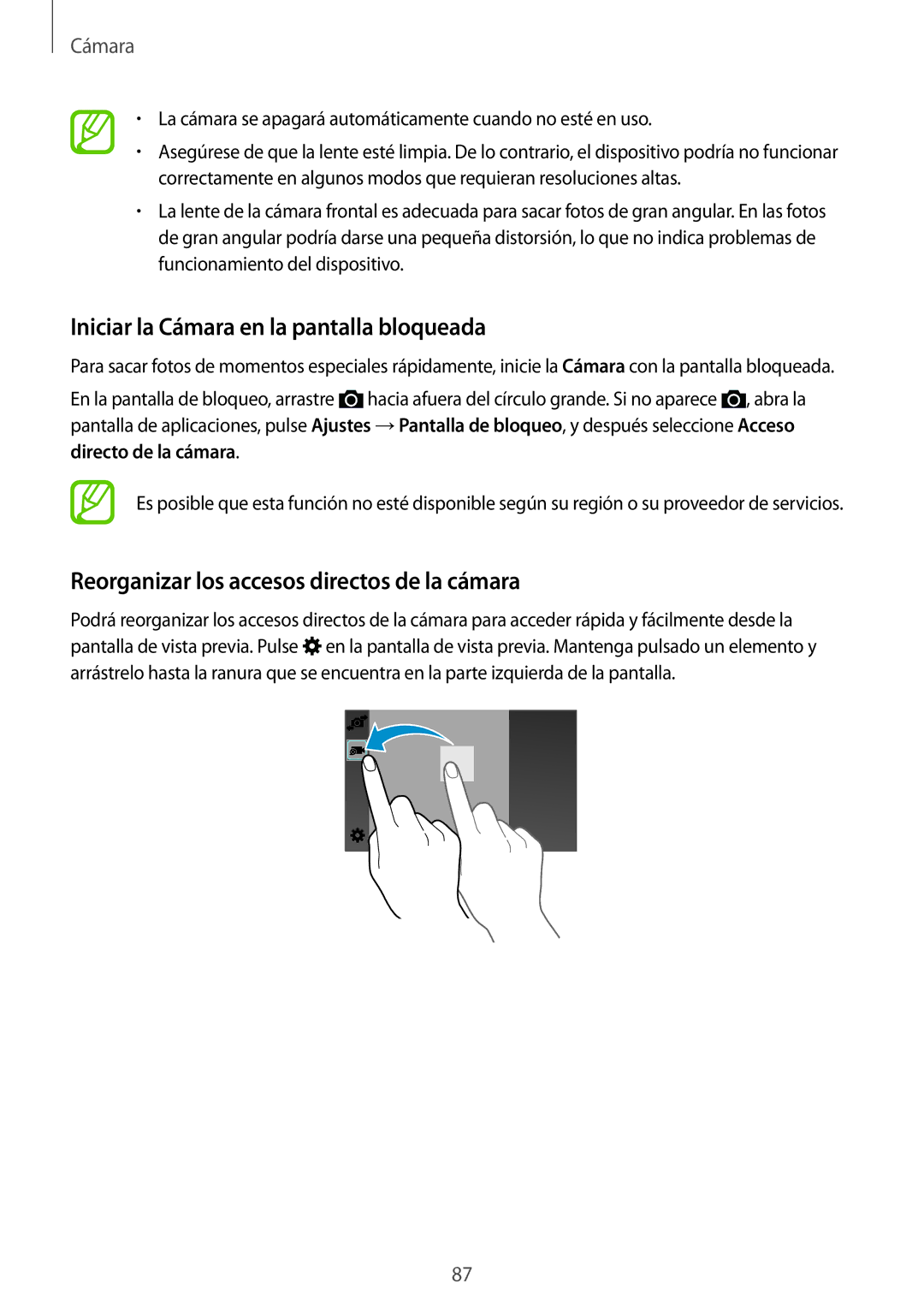 Samsung SM-G850FHSEAMO manual Iniciar la Cámara en la pantalla bloqueada, Reorganizar los accesos directos de la cámara 