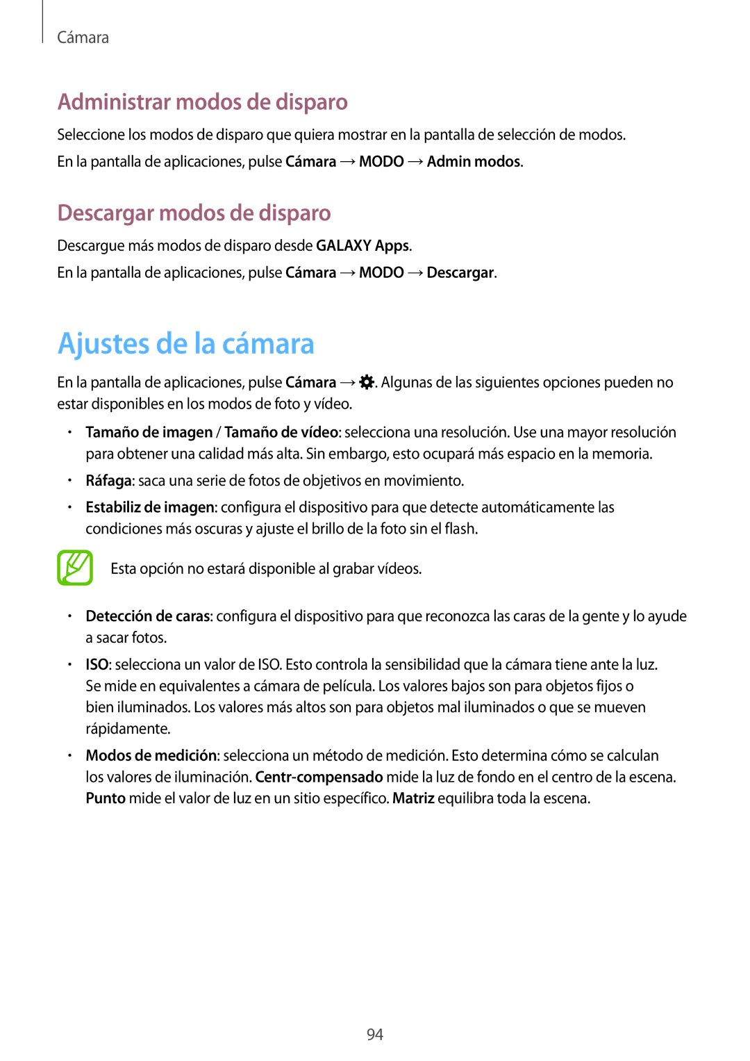 Samsung SM-G850FZKEXEH, SM-G850FZWETPH manual Ajustes de la cámara, Administrar modos de disparo, Descargar modos de disparo 