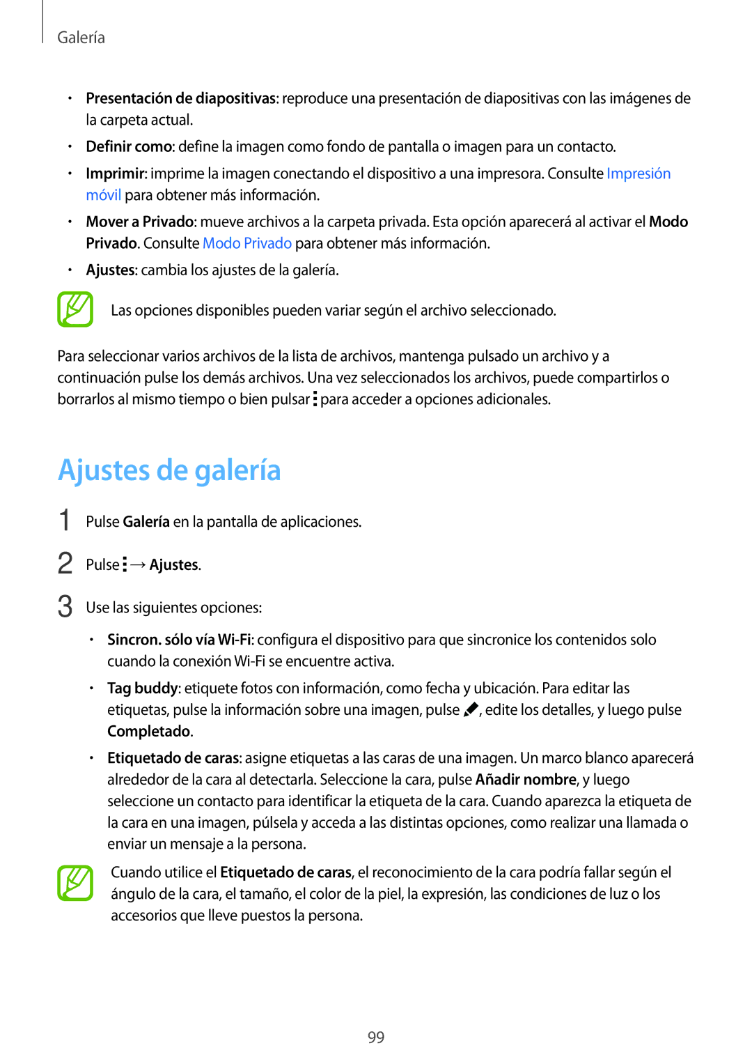 Samsung SM-G850FZKEATL, SM-G850FZWETPH, SM-G850FZDETPH, SM-G850FZKETPH, SM-G850FHSETPH, SM-G850FZDEXEH manual Ajustes de galería 