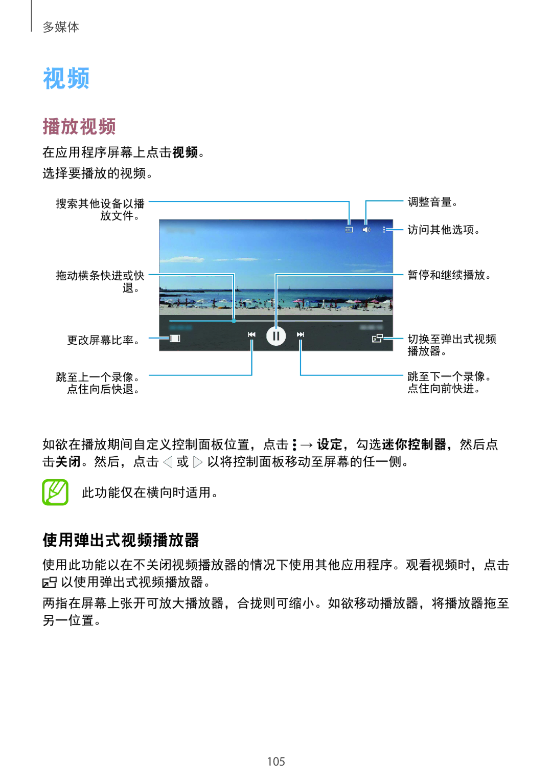 Samsung SM-G850FZKEXXV, SM-G850FZWEXXV, SM-G850FZDEXXV manual 播放视频, 使用弹出式视频播放器, 在应用程序屏幕上点击视频。 选择要播放的视频。, 此功能仅在横向时适用。 