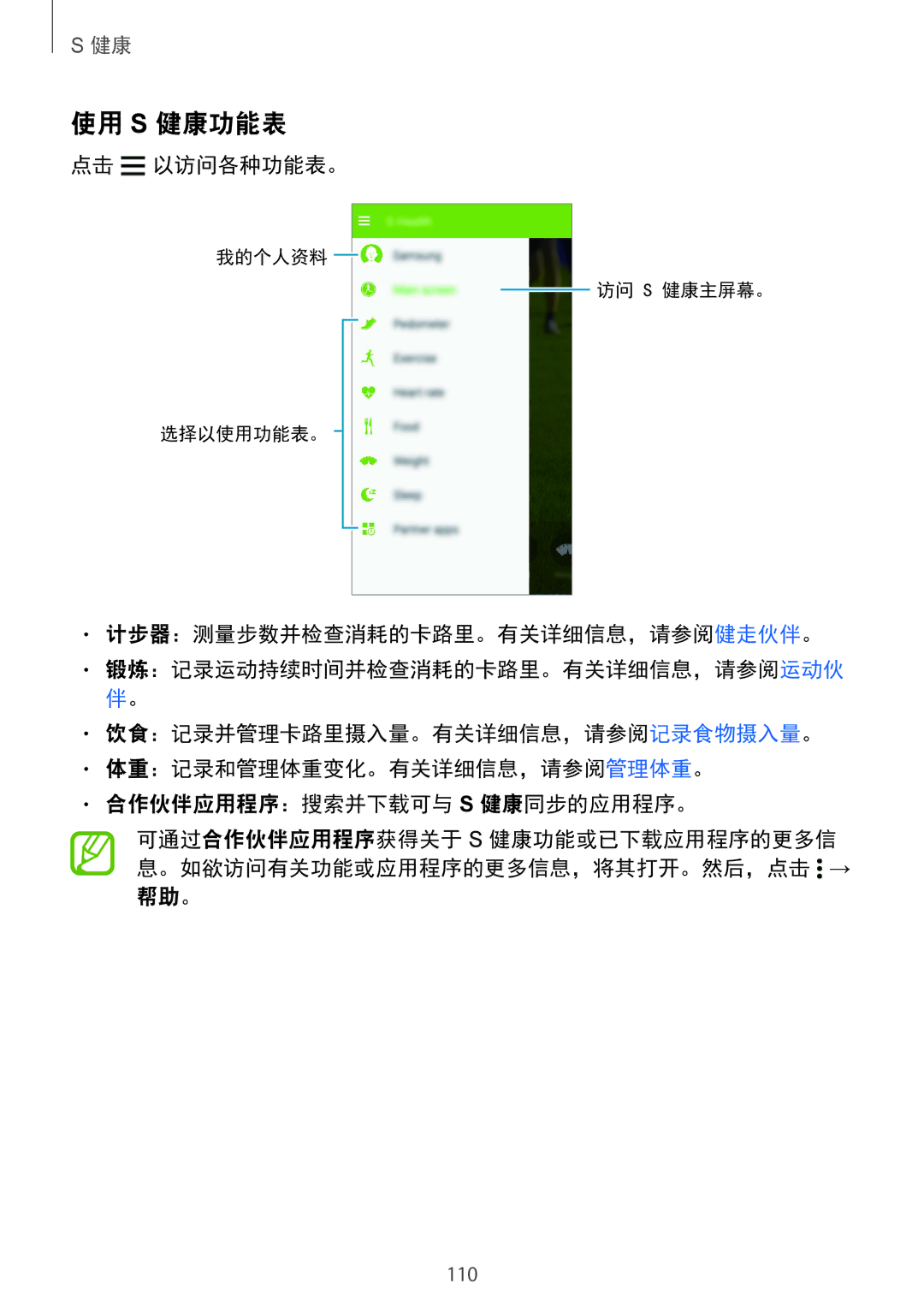Samsung SM-G850FZDEXXV, SM-G850FZWEXXV, SM-G850FZKEXXV manual 使用 S 健康功能表, 点击 以访问各种功能表。, 计步器：测量步数并检查消耗的卡路里。有关详细信息，请参阅健走伙伴。 