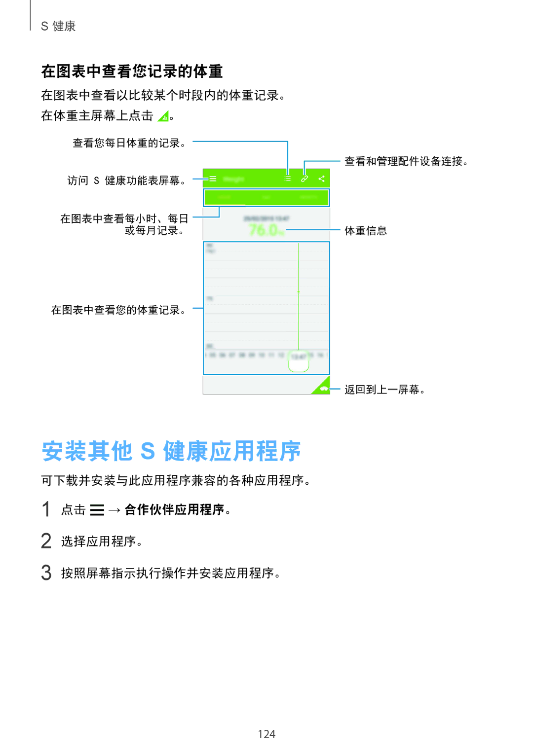 Samsung SM-G850FZWEXXV, SM-G850FZKEXXV, SM-G850FZDEXXV, SM-G850FHSEXXV manual 安装其他 S 健康应用程序, 在图表中查看您记录的体重 