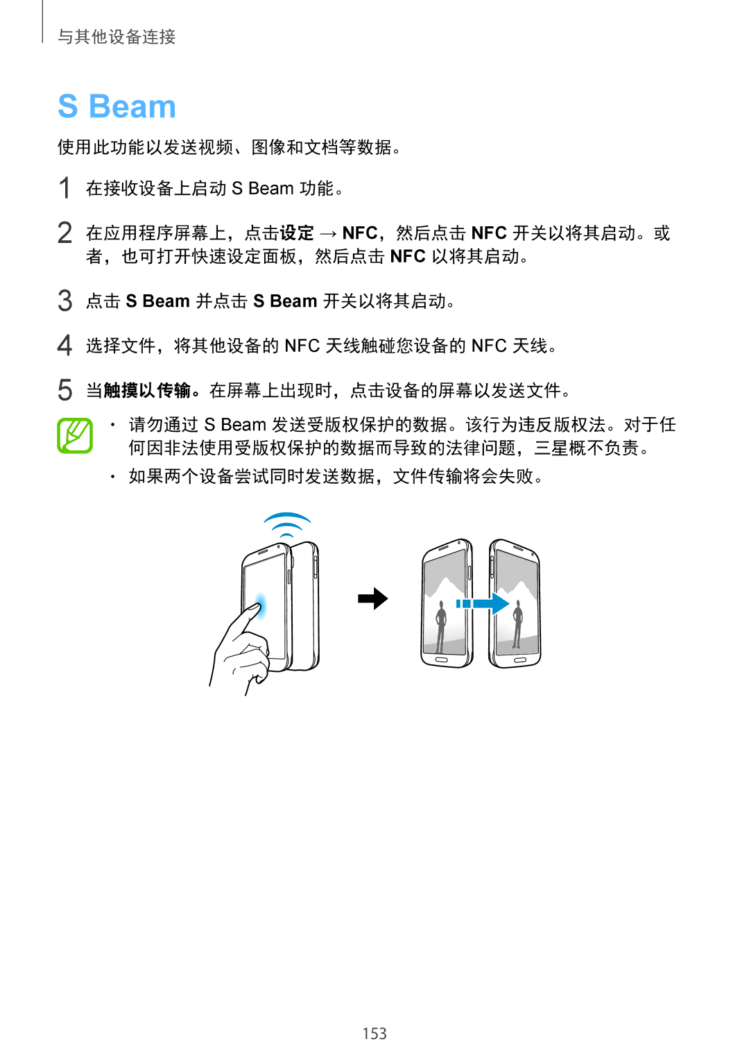 Samsung SM-G850FZKEXXV, SM-G850FZWEXXV, SM-G850FZDEXXV 使用此功能以发送视频、图像和文档等数据。 在接收设备上启动 S Beam 功能。, 如果两个设备尝试同时发送数据，文件传输将会失败。 