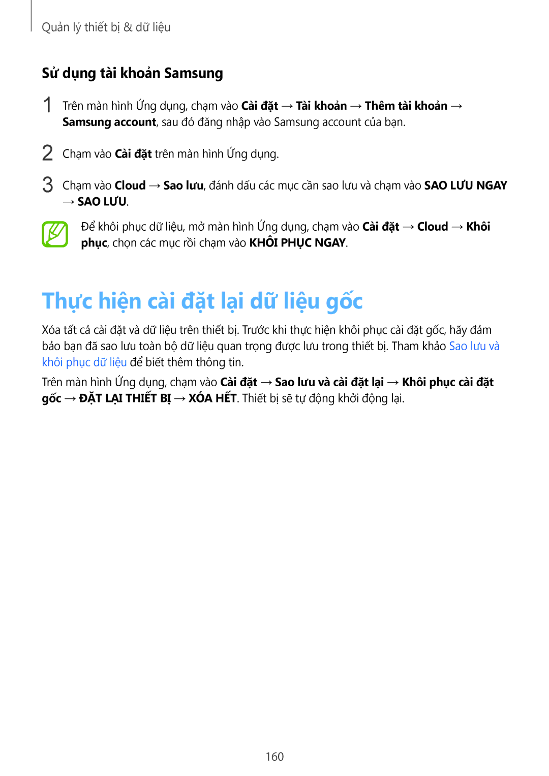Samsung SM-G850FZWEXXV, SM-G850FZKEXXV, SM-G850FZDEXXV Thực hiệ̣n cài đặt lại dữ liệ̣u gốc, Sử dụng tài khoản Samsung, 160 