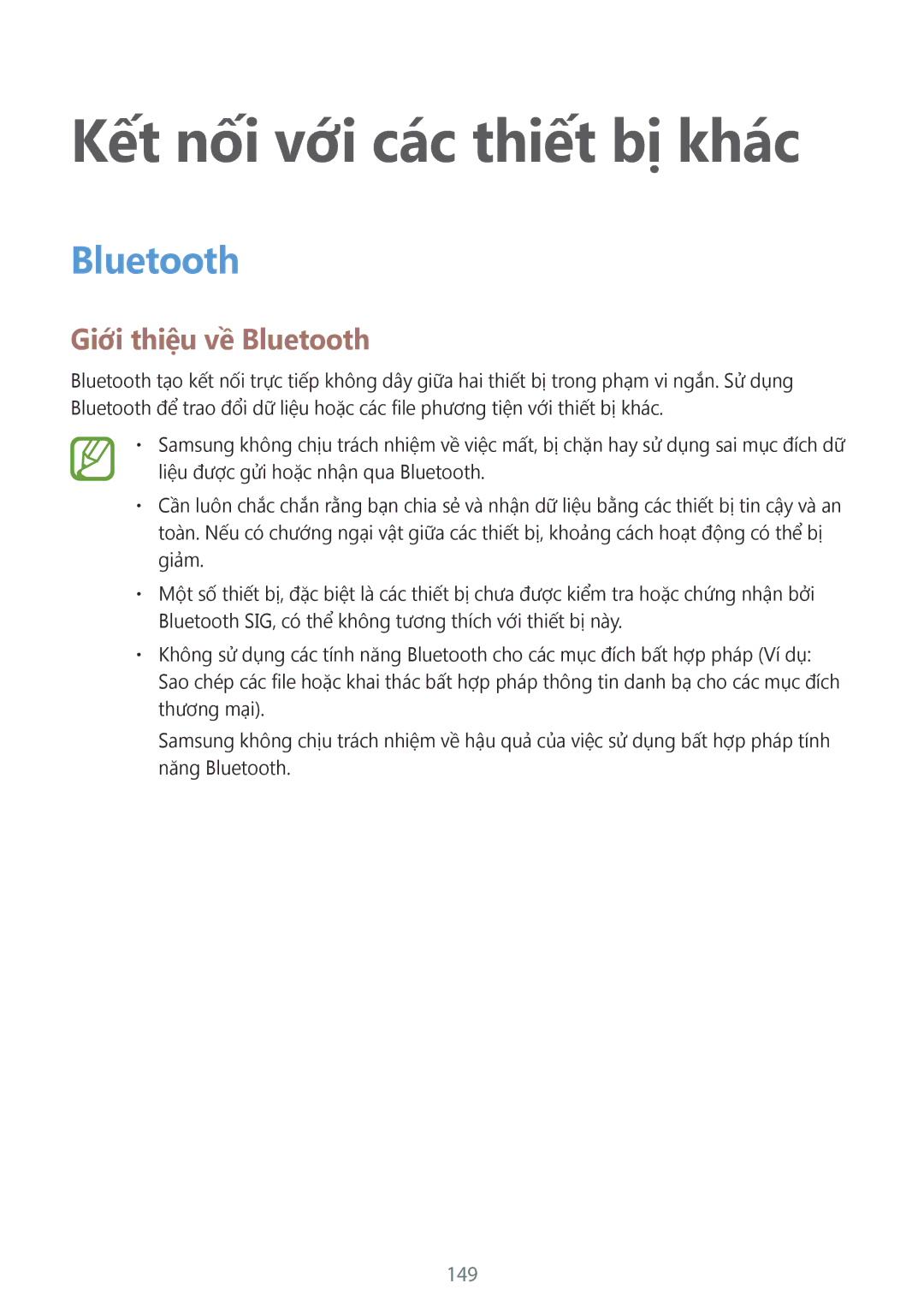 Samsung SM-G850FZKEXXV, SM-G850FZWEXXV, SM-G850FZDEXXV manual Kết nối với các thiết bị khác, Giới thiệu về Bluetooth, 149 