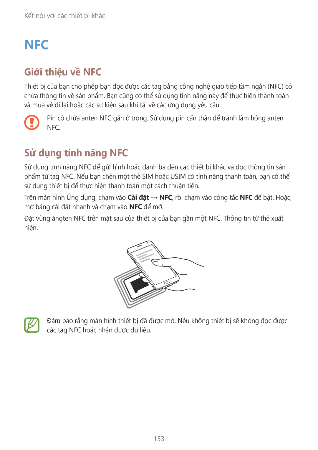 Samsung SM-G850FZKEXXV, SM-G850FZWEXXV, SM-G850FZDEXXV, SM-G850FHSEXXV manual Giới thiệu về NFC, Sử dụng tính năng NFC, 153 
