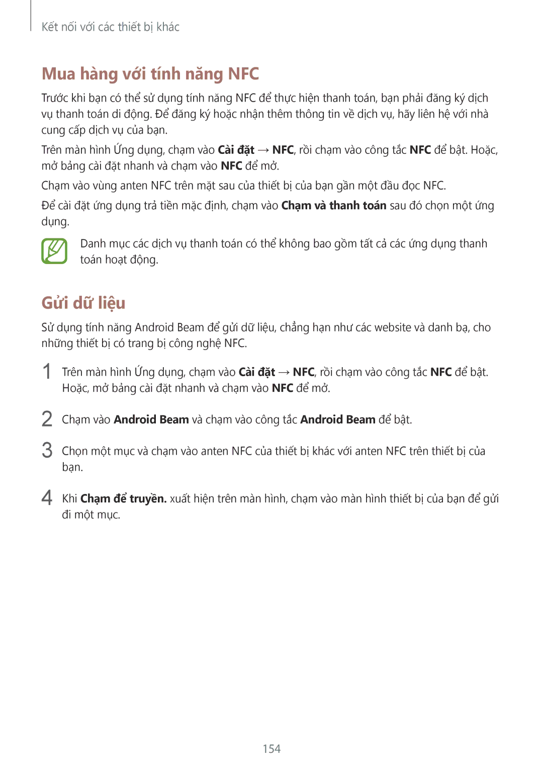 Samsung SM-G850FZDEXXV, SM-G850FZWEXXV, SM-G850FZKEXXV, SM-G850FHSEXXV manual Mua hàng với tính năng NFC, Gửi dữ liệu, 154 