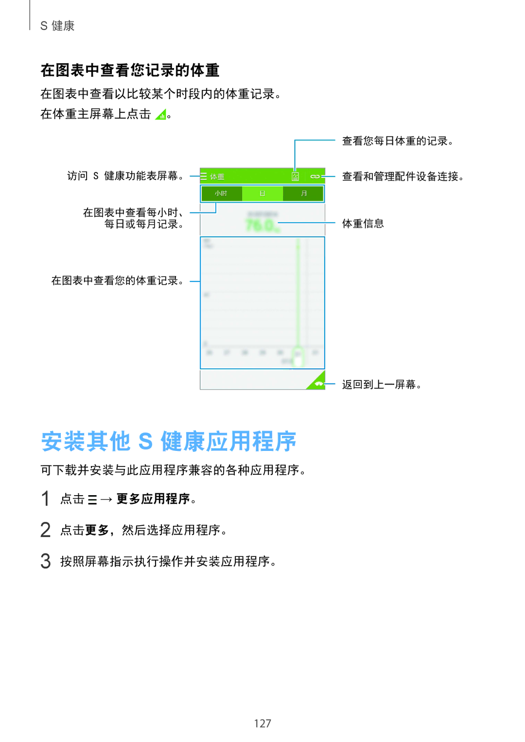 Samsung SM-G850FHSEXXV, SM-G850FZWEXXV, SM-G850FZKEXXV, SM-G850FZDEXXV manual 安装其他 S 健康应用程序, 在图表中查看您记录的体重 