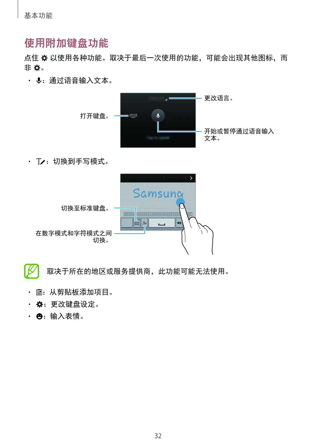 Samsung SM-G850FZWEXXV, SM-G850FZKEXXV manual 使用附加键盘功能, 点住 以使用各种功能。取决于最后一次使用的功能，可能会出现其他图标，而 非 。 ：通过语音输入文本。, ：切换到手写模式。 