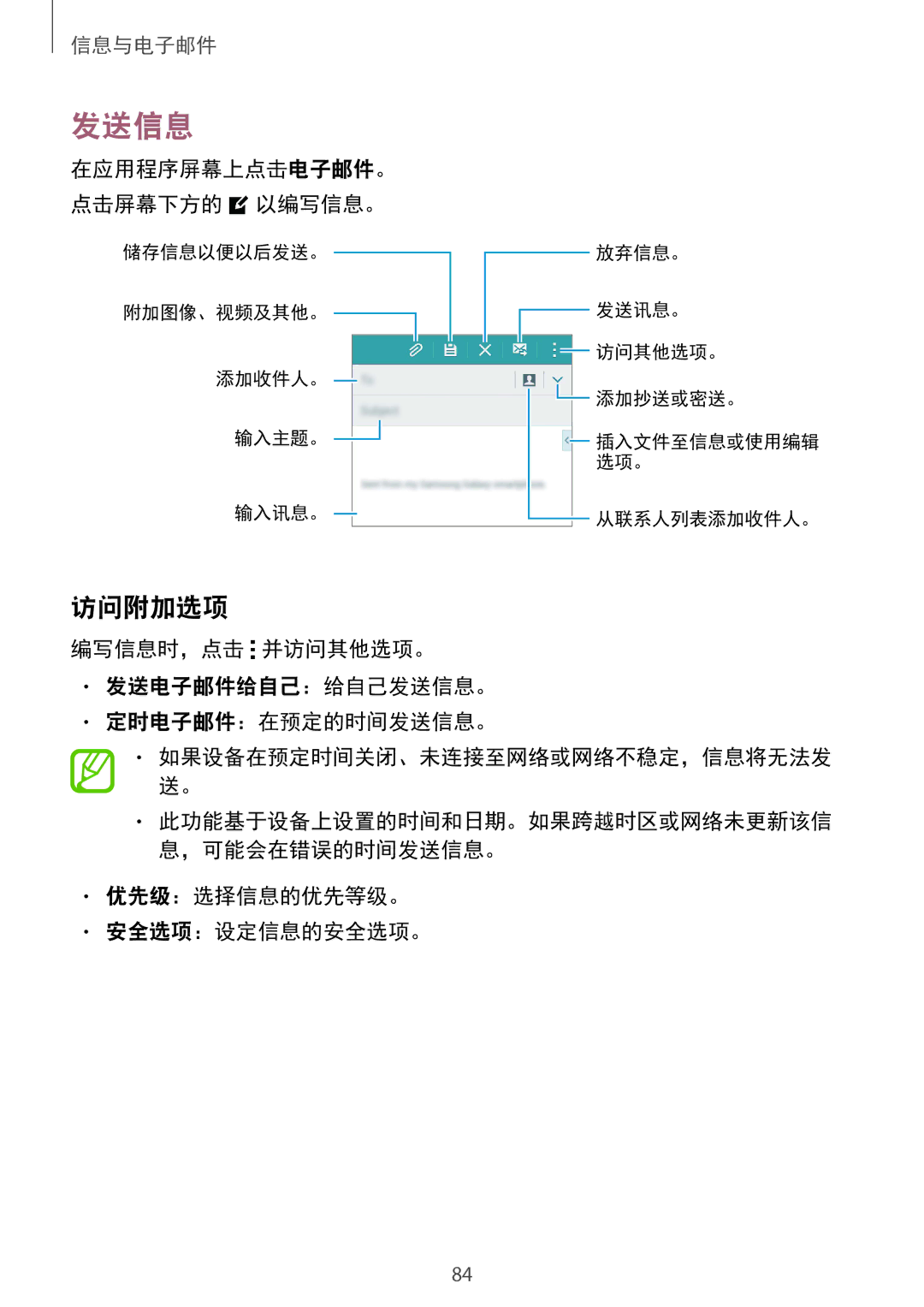 Samsung SM-G850FZWEXXV 访问附加选项, 在应用程序屏幕上点击电子邮件。 点击屏幕下方的 以编写信息。, 编写信息时，点击 并访问其他选项。 发送电子邮件给自己：给自己发送信息。 定时电子邮件：在预定的时间发送信息。 