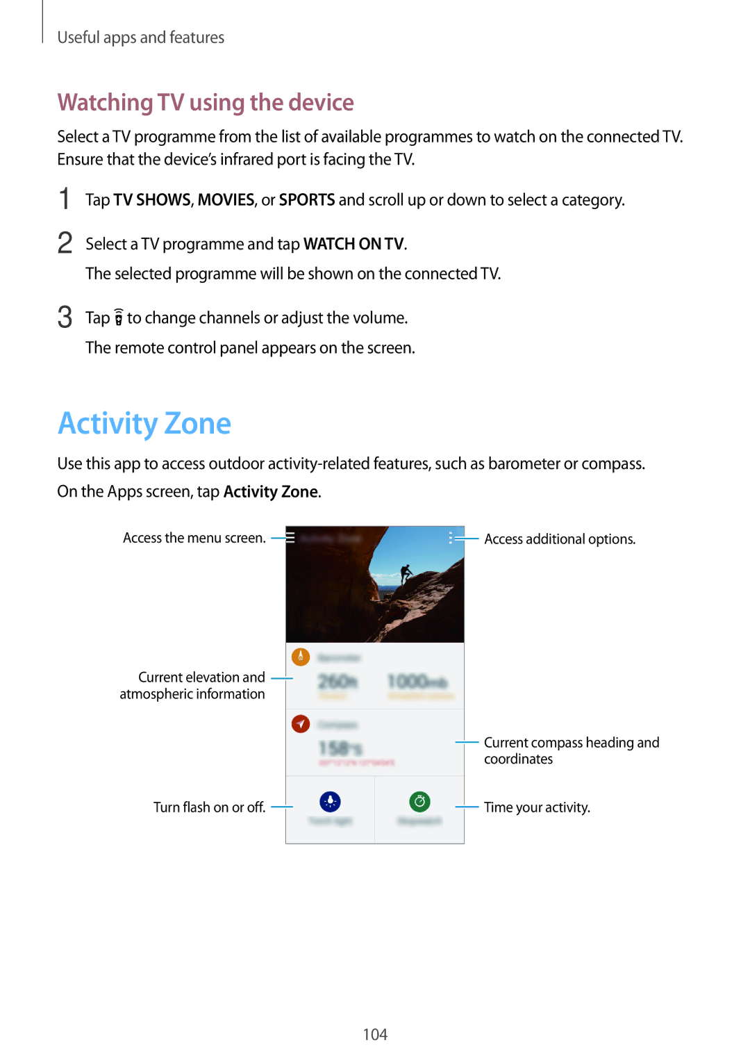 Samsung SM-G870FDGAFTM, SM-G870FTSABGL, SM-G870FDGABGL, SM-G870FTSAPHN manual Activity Zone, Watching TV using the device 