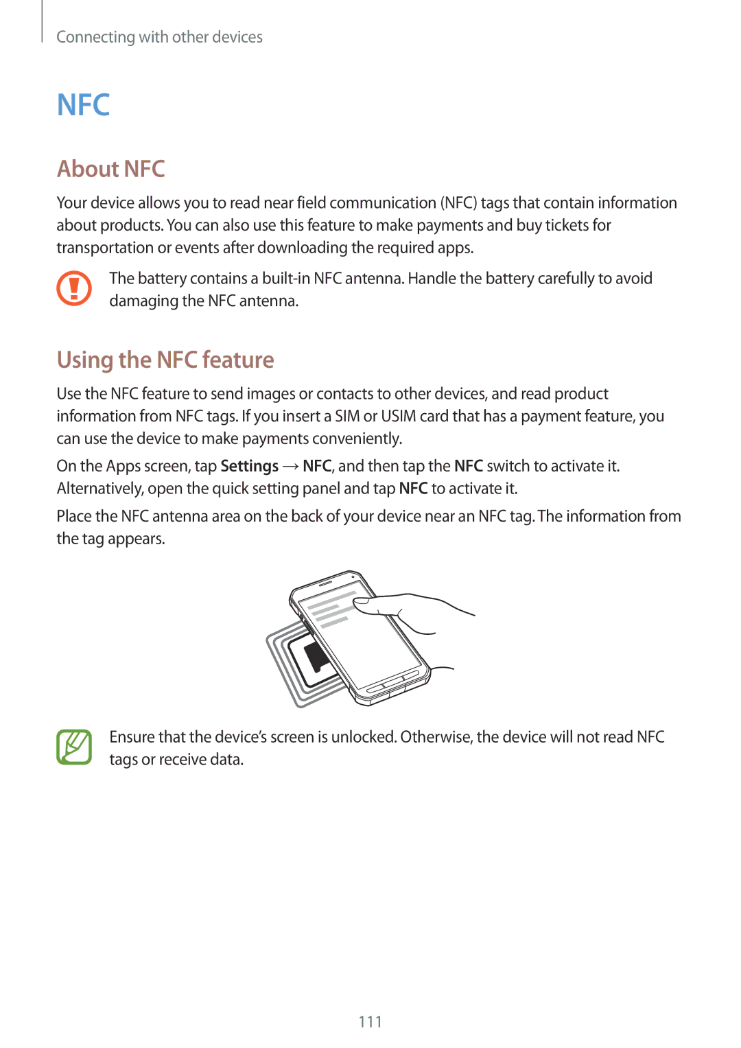 Samsung SM-G870FTSAXEH, SM-G870FDGAFTM, SM-G870FTSABGL, SM-G870FDGABGL, SM-G870FTSAPHN manual About NFC, Using the NFC feature 