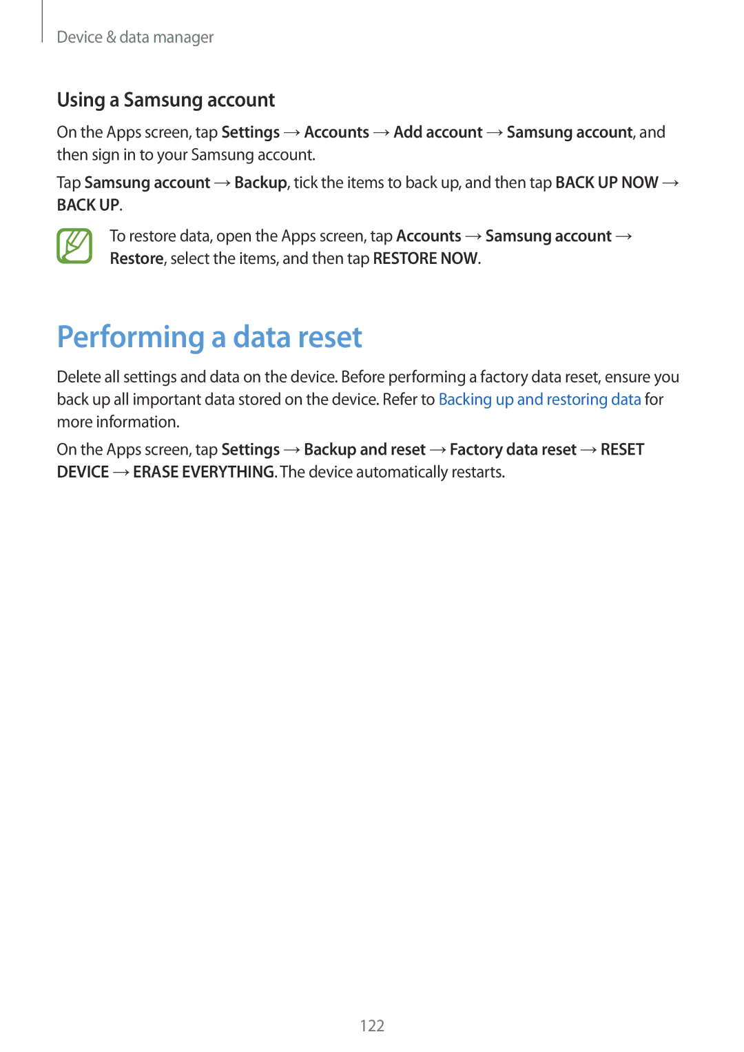 Samsung SM-G870FDGAATO, SM-G870FDGAFTM, SM-G870FTSABGL, SM-G870FDGABGL manual Performing a data reset, Using a Samsung account 