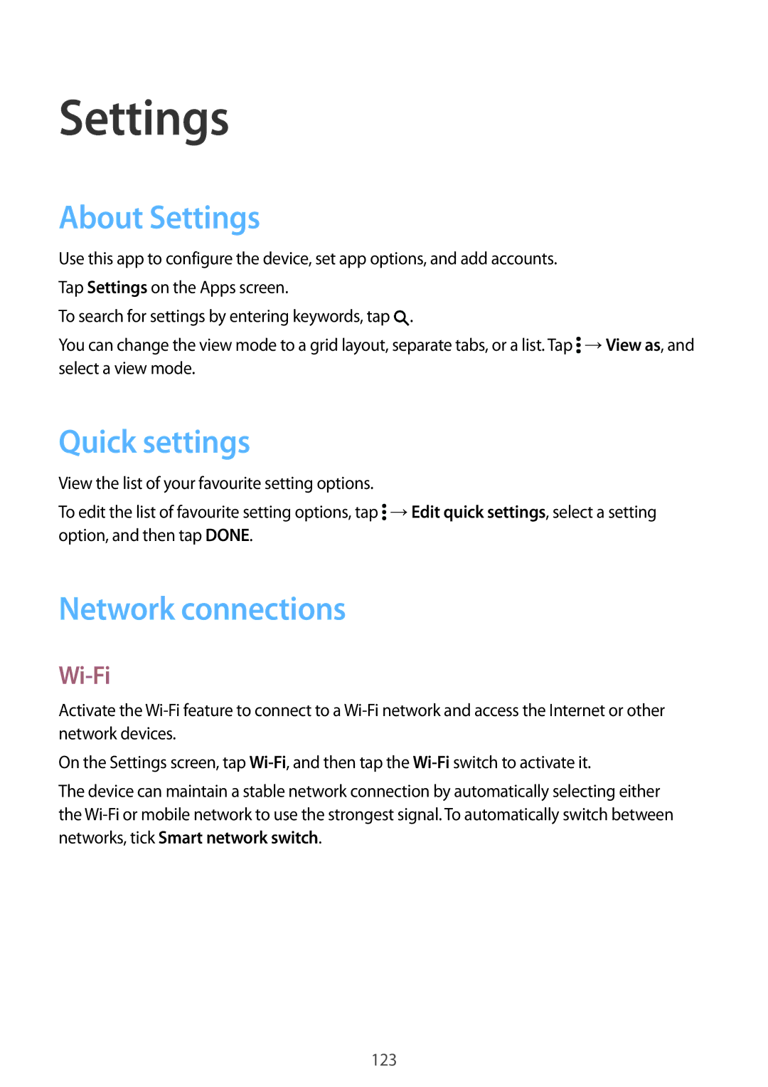 Samsung SM-G870FDGAXEO, SM-G870FDGAFTM, SM-G870FTSABGL manual About Settings, Quick settings, Network connections, Wi-Fi 