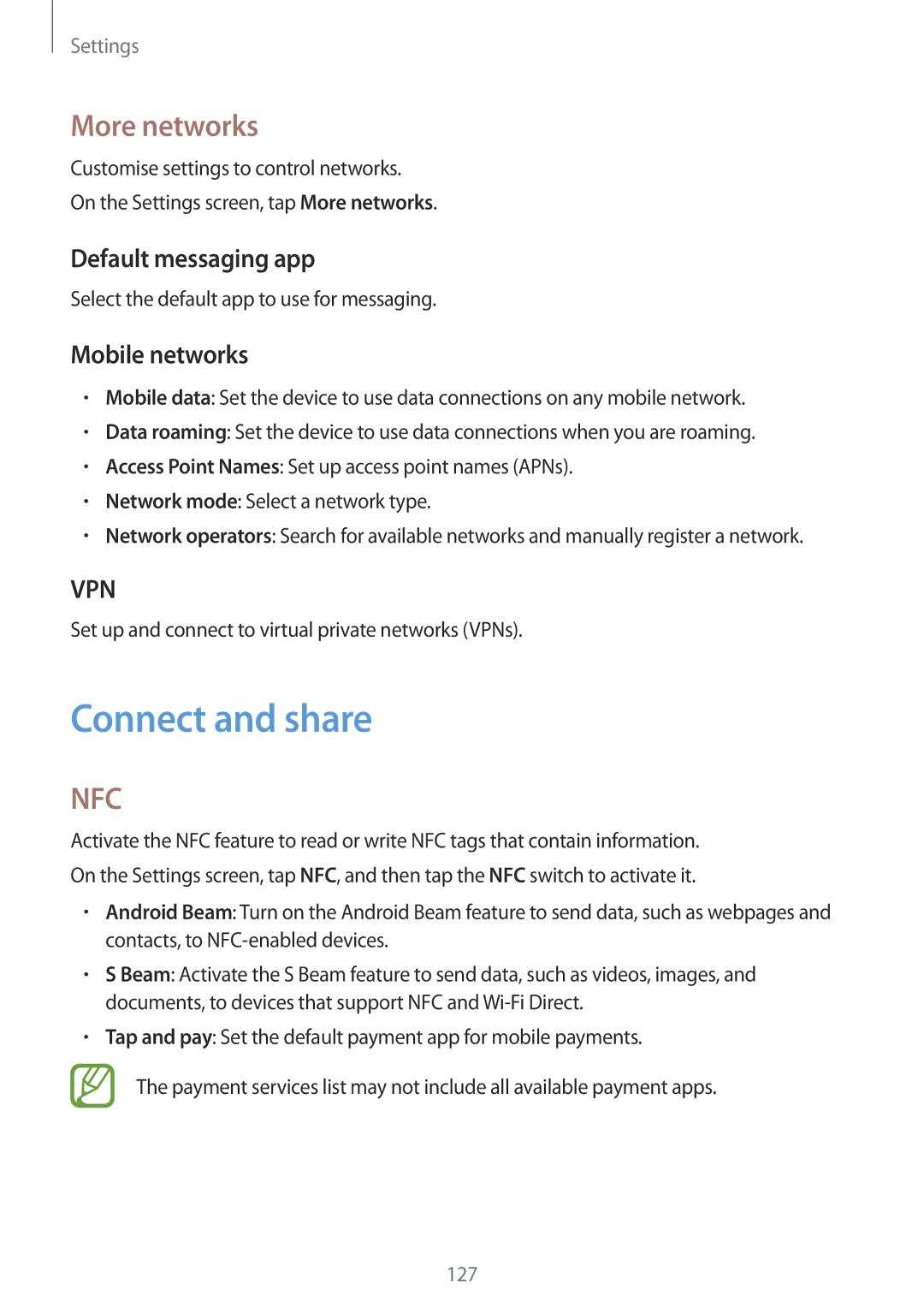 Samsung SM-G870FTSANEE, SM-G870FDGAFTM manual Connect and share, More networks, Default messaging app, Mobile networks 