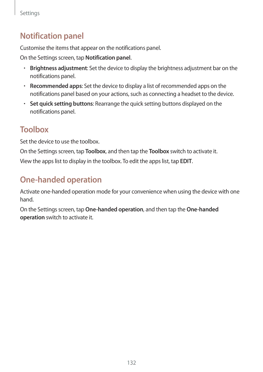 Samsung SM-G870FDGABGL manual Notification panel, Toolbox, One-handed operation, Set the device to use the toolbox 