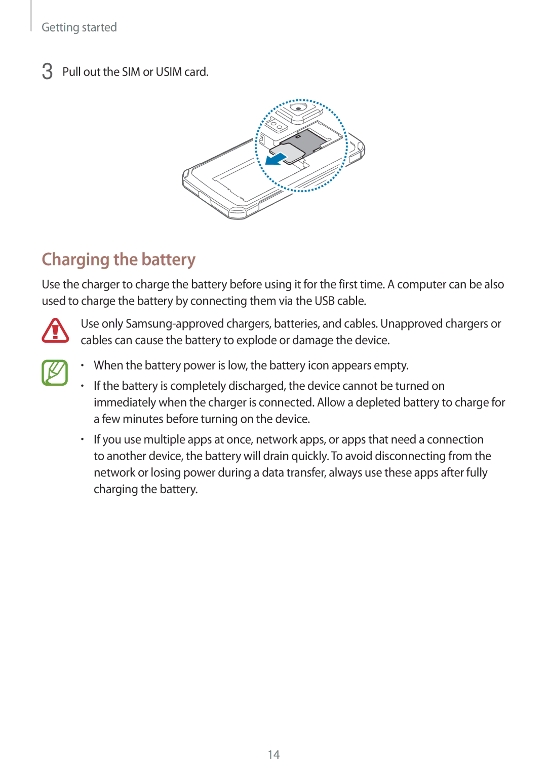 Samsung SM-G870FTSABGL, SM-G870FDGAFTM, SM-G870FDGABGL, SM-G870FTSAPHN Charging the battery, Pull out the SIM or Usim card 