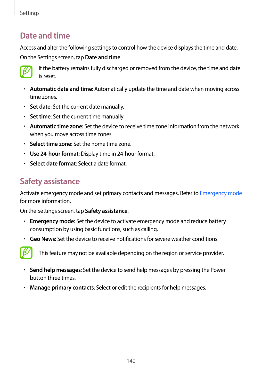 Samsung SM-G870FTSANEE, SM-G870FDGAFTM, SM-G870FTSABGL, SM-G870FDGABGL, SM-G870FTSAPHN manual Date and time, Safety assistance 