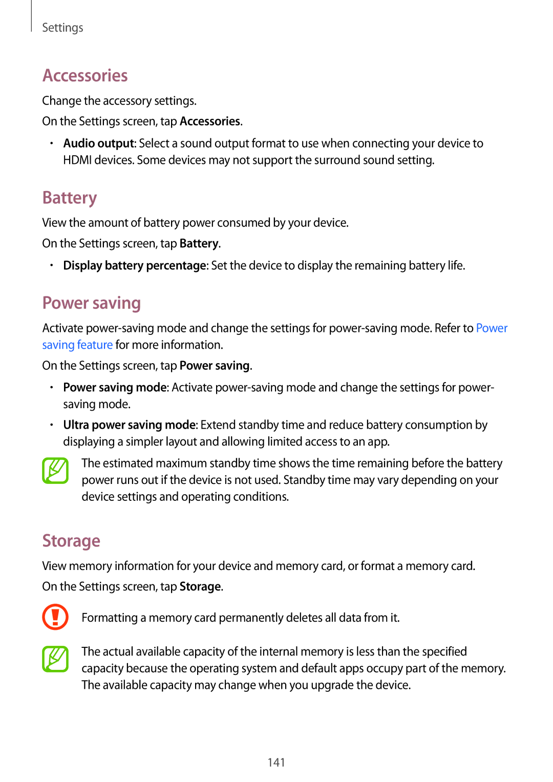 Samsung SM-G870FTSATEN, SM-G870FDGAFTM, SM-G870FTSABGL, SM-G870FDGABGL manual Accessories, Battery, Power saving, Storage 