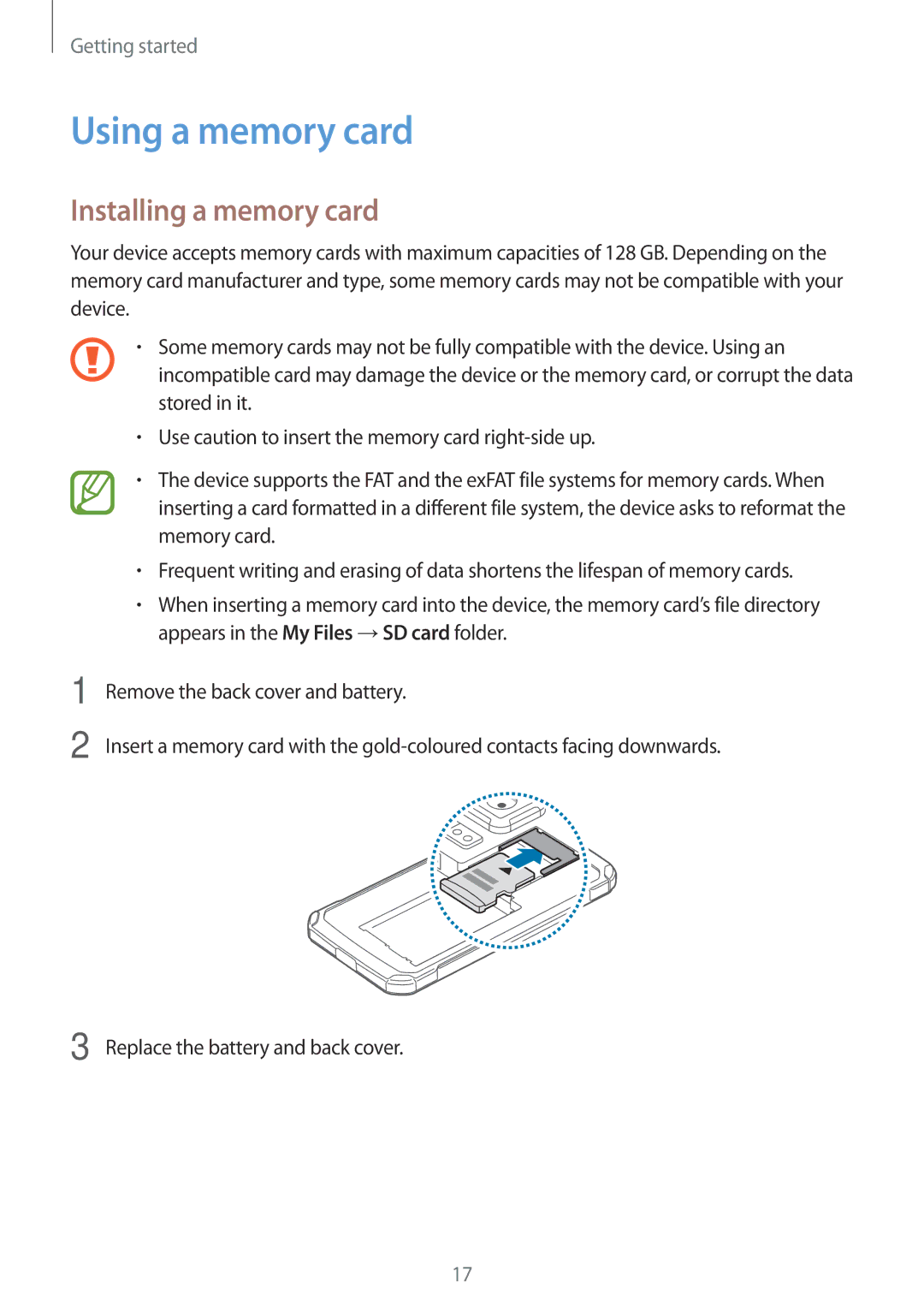 Samsung SM-G870FTSAAUT, SM-G870FDGAFTM, SM-G870FTSABGL, SM-G870FDGABGL manual Using a memory card, Installing a memory card 