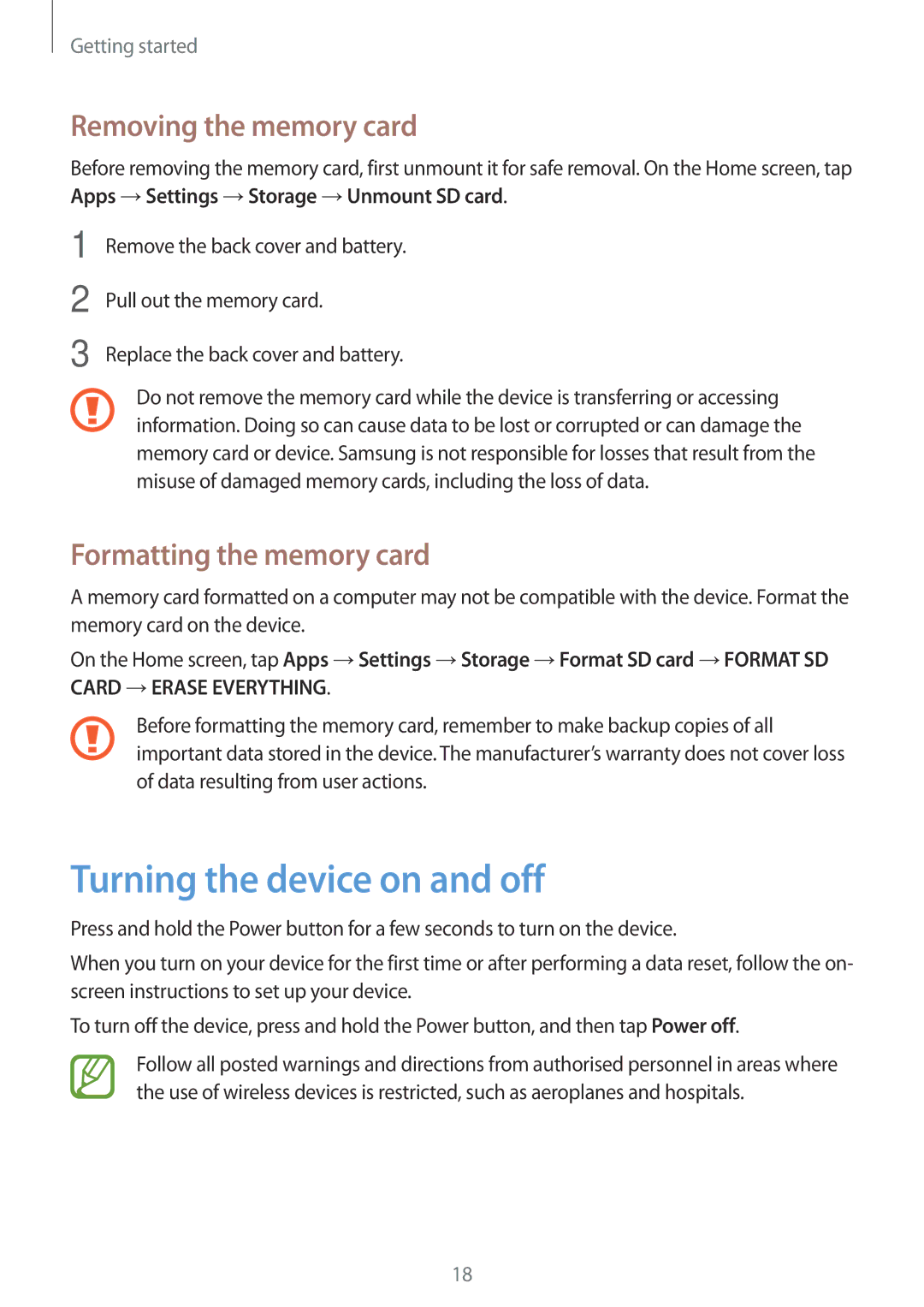 Samsung SM-G870FDGAATO, SM-G870FDGAFTM Turning the device on and off, Removing the memory card, Formatting the memory card 