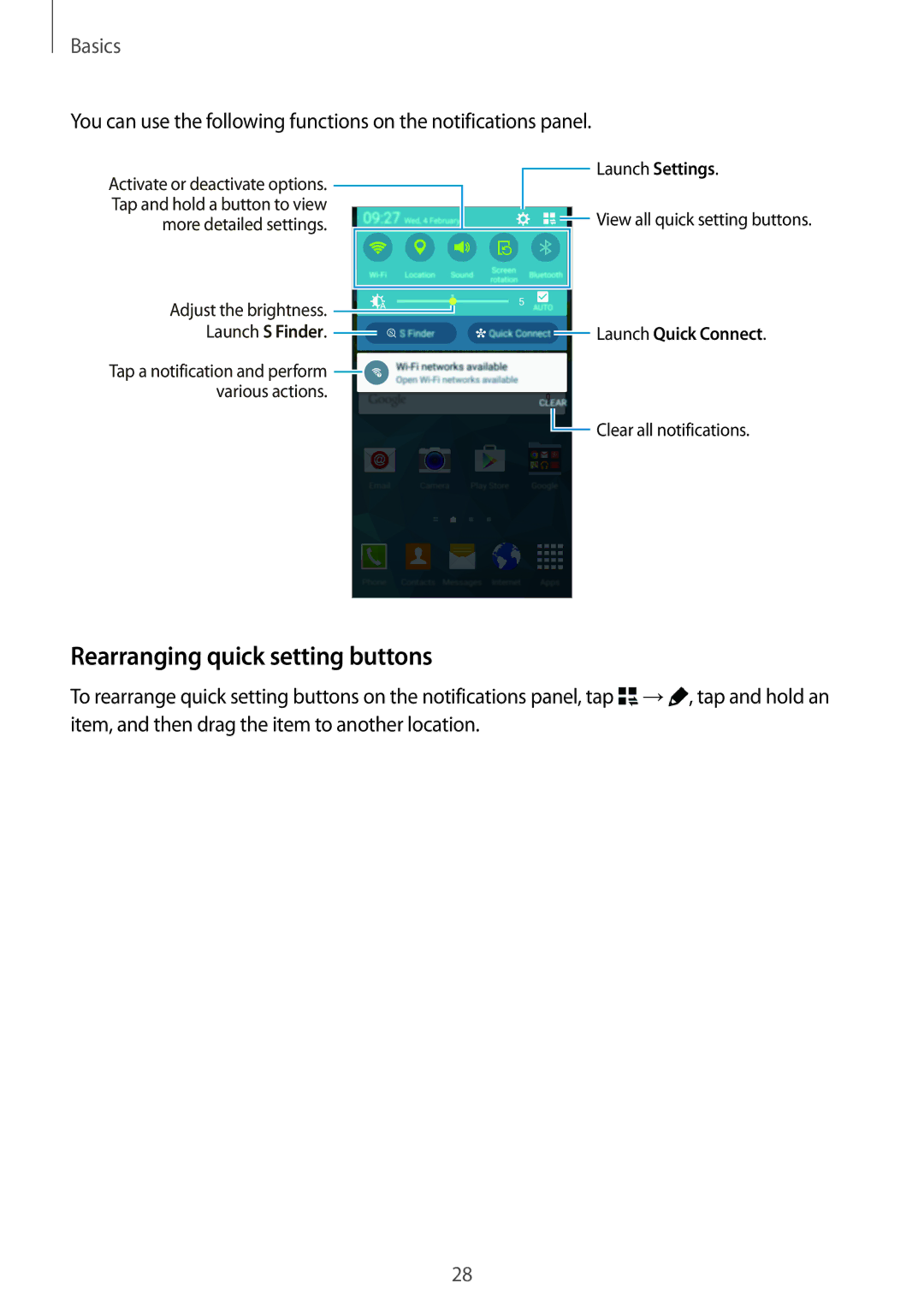 Samsung SM-G870FDGABGL, SM-G870FDGAFTM, SM-G870FTSABGL, SM-G870FTSAPHN, SM-G870FTSAAUT manual Rearranging quick setting buttons 