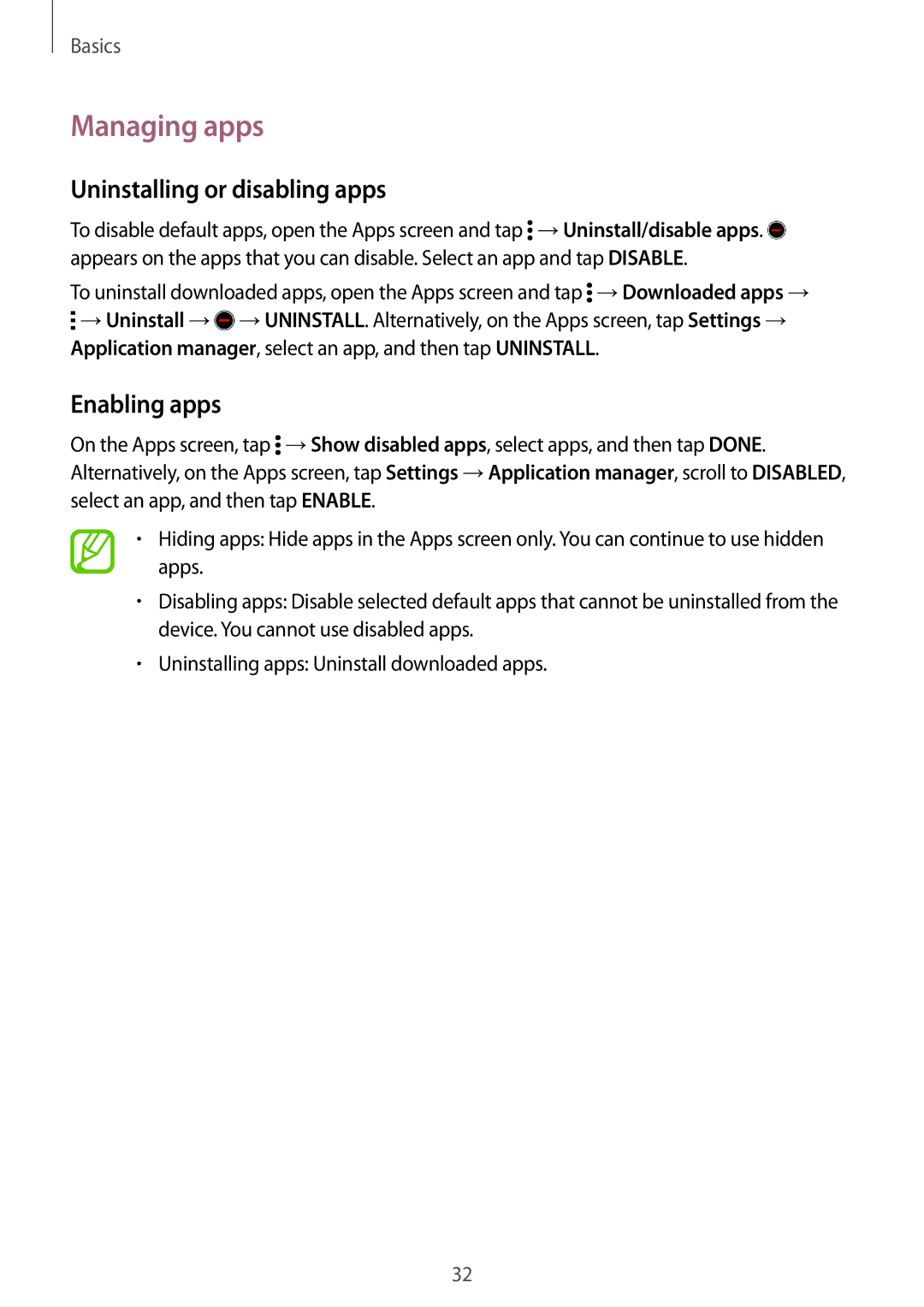 Samsung SM-G870FDGAXEO, SM-G870FDGAFTM, SM-G870FTSABGL manual Managing apps, Uninstalling or disabling apps, Enabling apps 