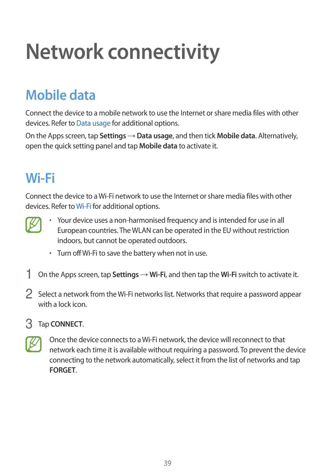 Samsung SM-G870FDGAFTM, SM-G870FTSABGL, SM-G870FDGABGL, SM-G870FTSAPHN Network connectivity, Mobile data, Wi-Fi, Tap Connect 