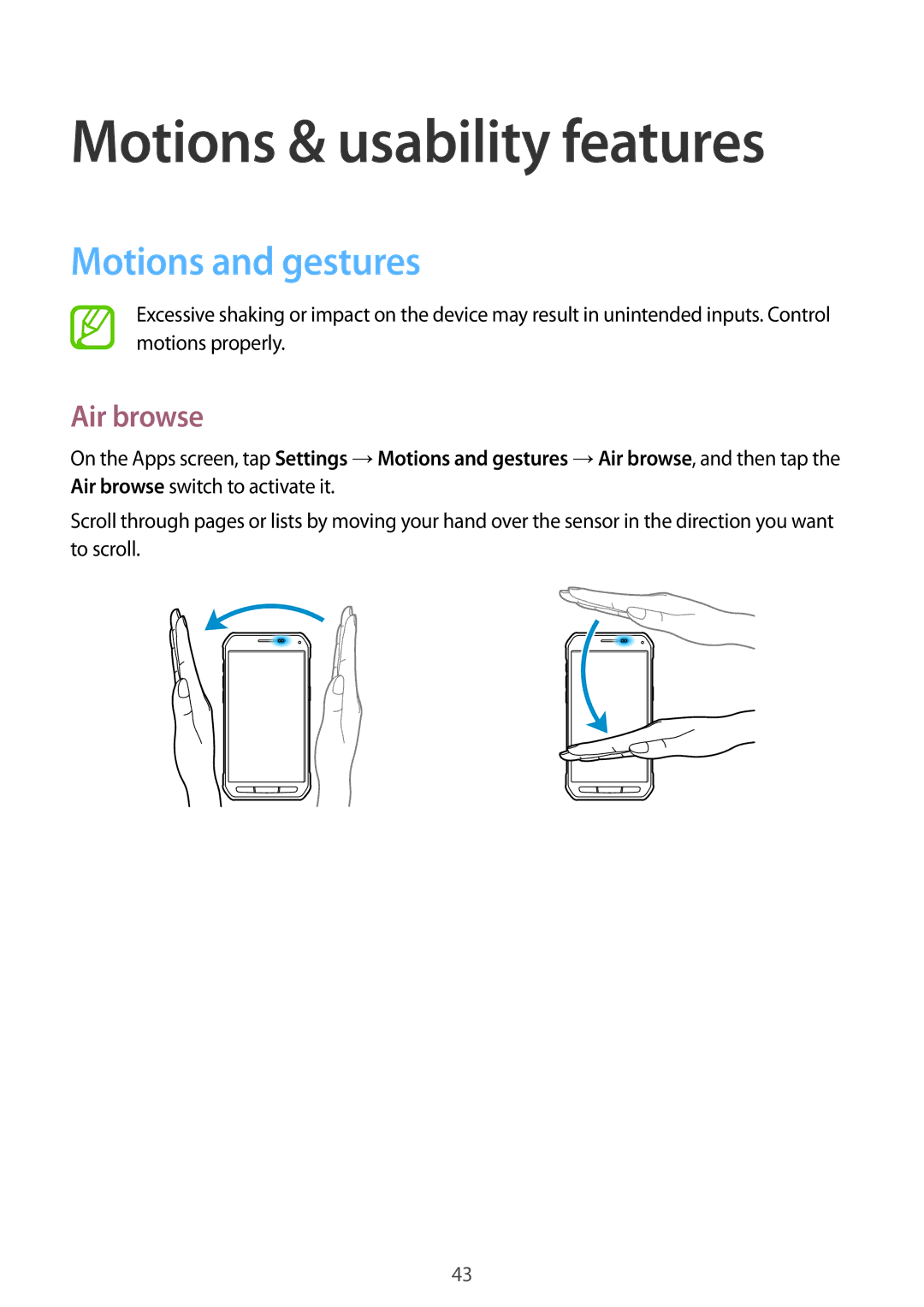 Samsung SM-G870FTSAAUT, SM-G870FDGAFTM, SM-G870FTSABGL manual Motions & usability features, Motions and gestures, Air browse 