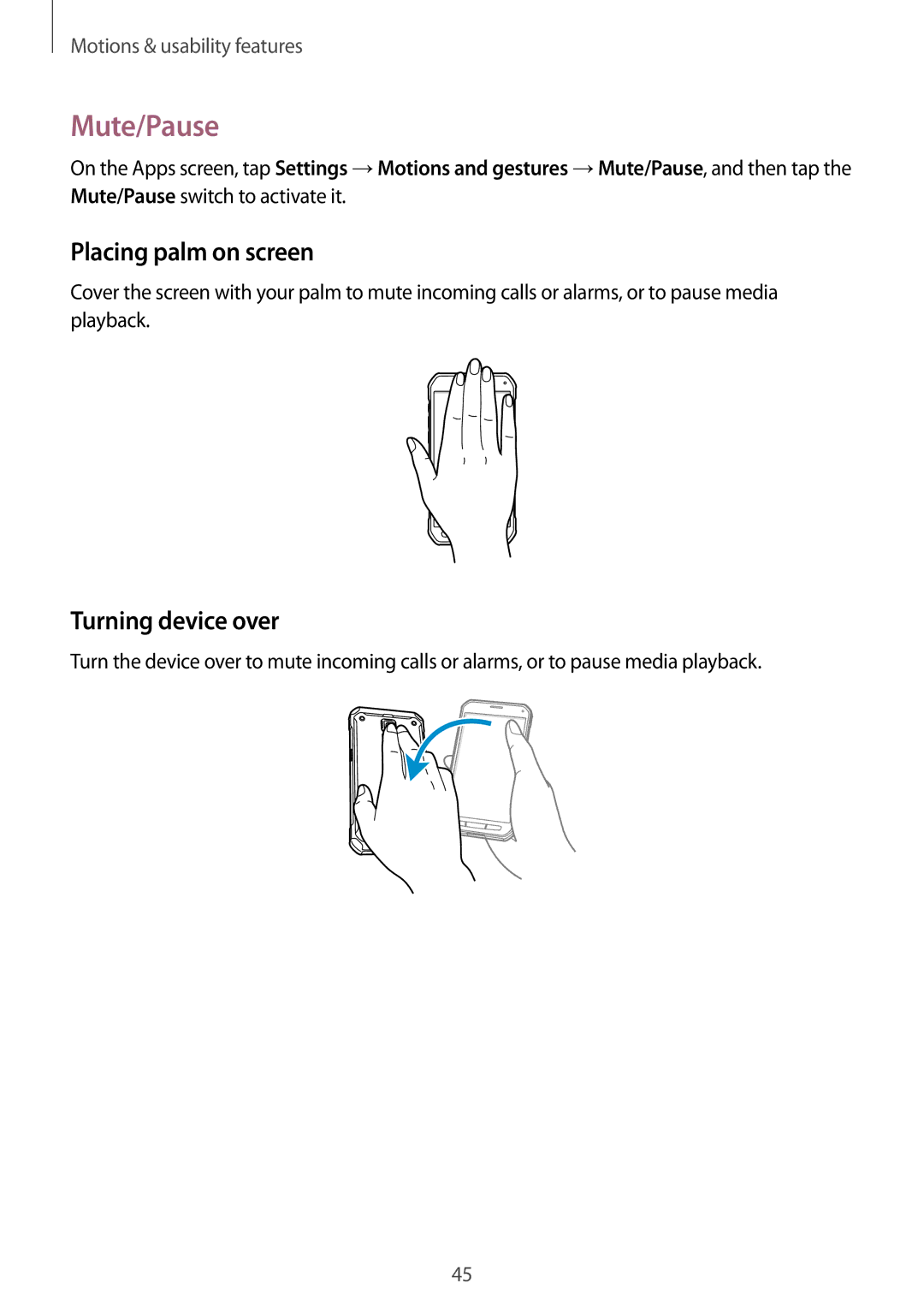 Samsung SM-G870FDGAXEO, SM-G870FDGAFTM, SM-G870FTSABGL manual Mute/Pause, Placing palm on screen, Turning device over 