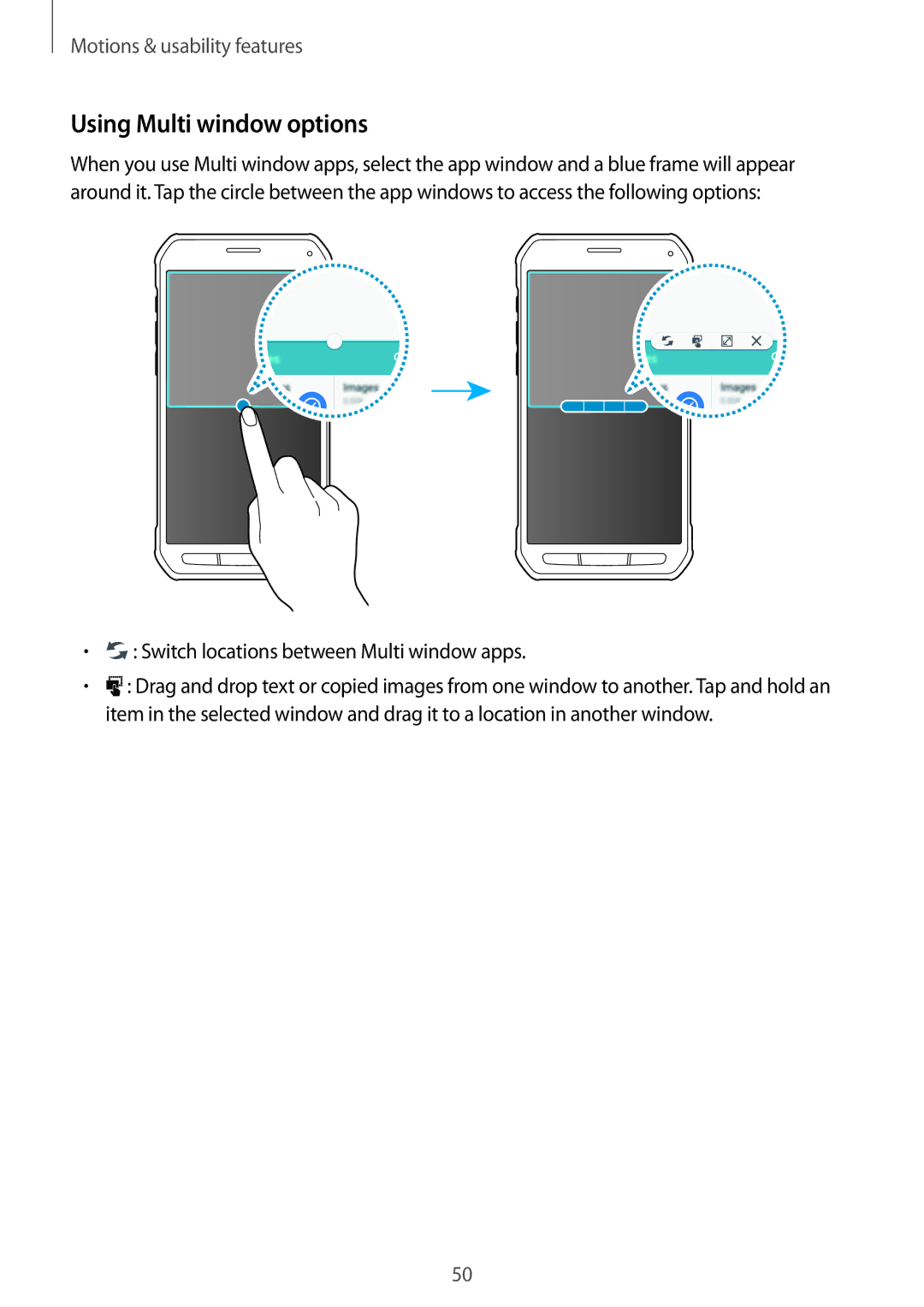 Samsung SM-G870FTSATEN, SM-G870FDGAFTM manual Using Multi window options, Switch locations between Multi window apps 